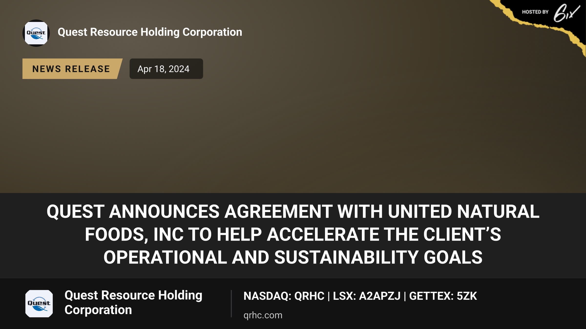 Quest Announces Agreement with United Natural Foods, Inc to Help Accelerate the Client’s Operational and Sustainability Goals
