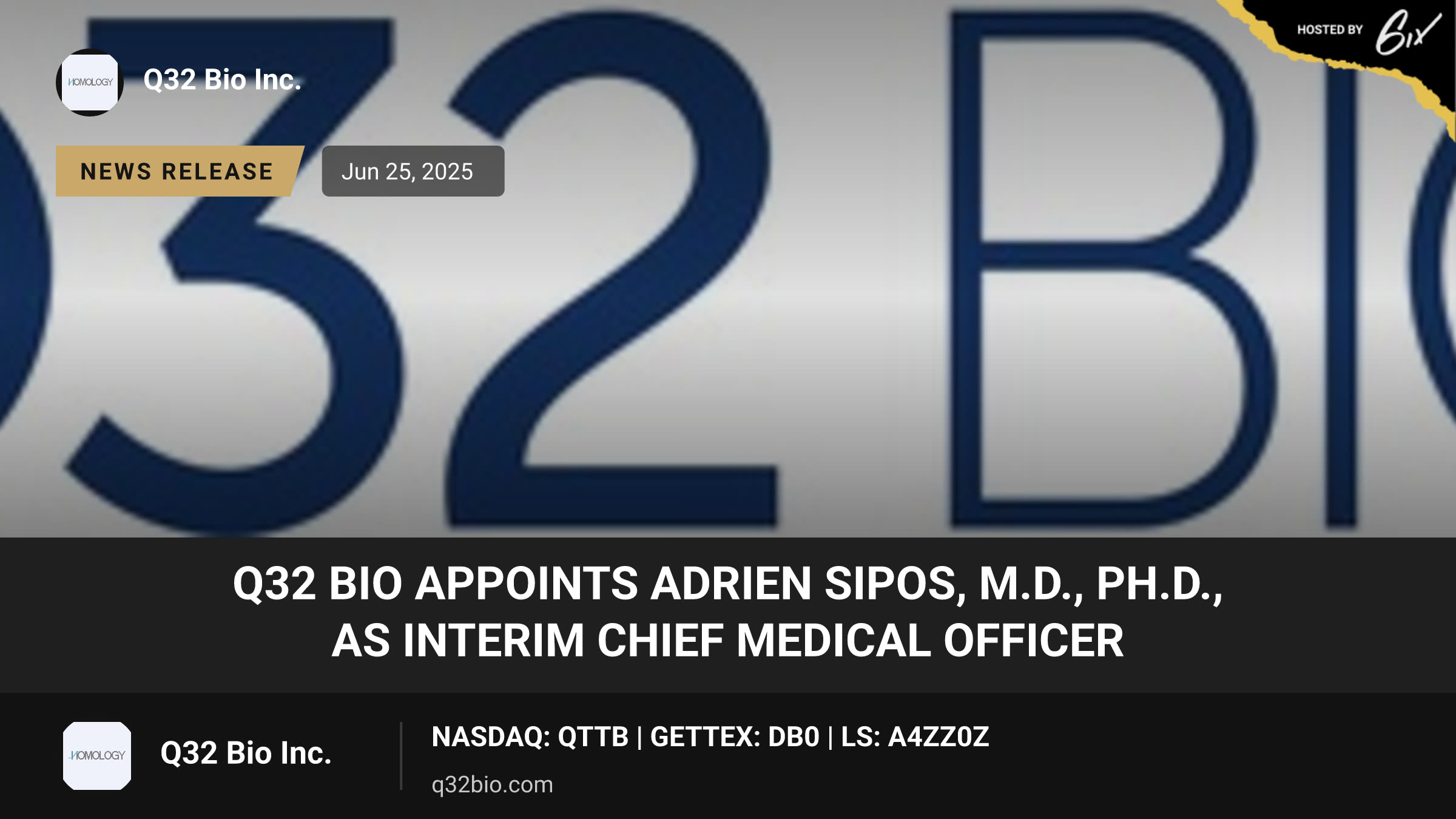 Q32 Bio Appoints Adrien Sipos, M.D., Ph.D., as Interim Chief Medical Officer