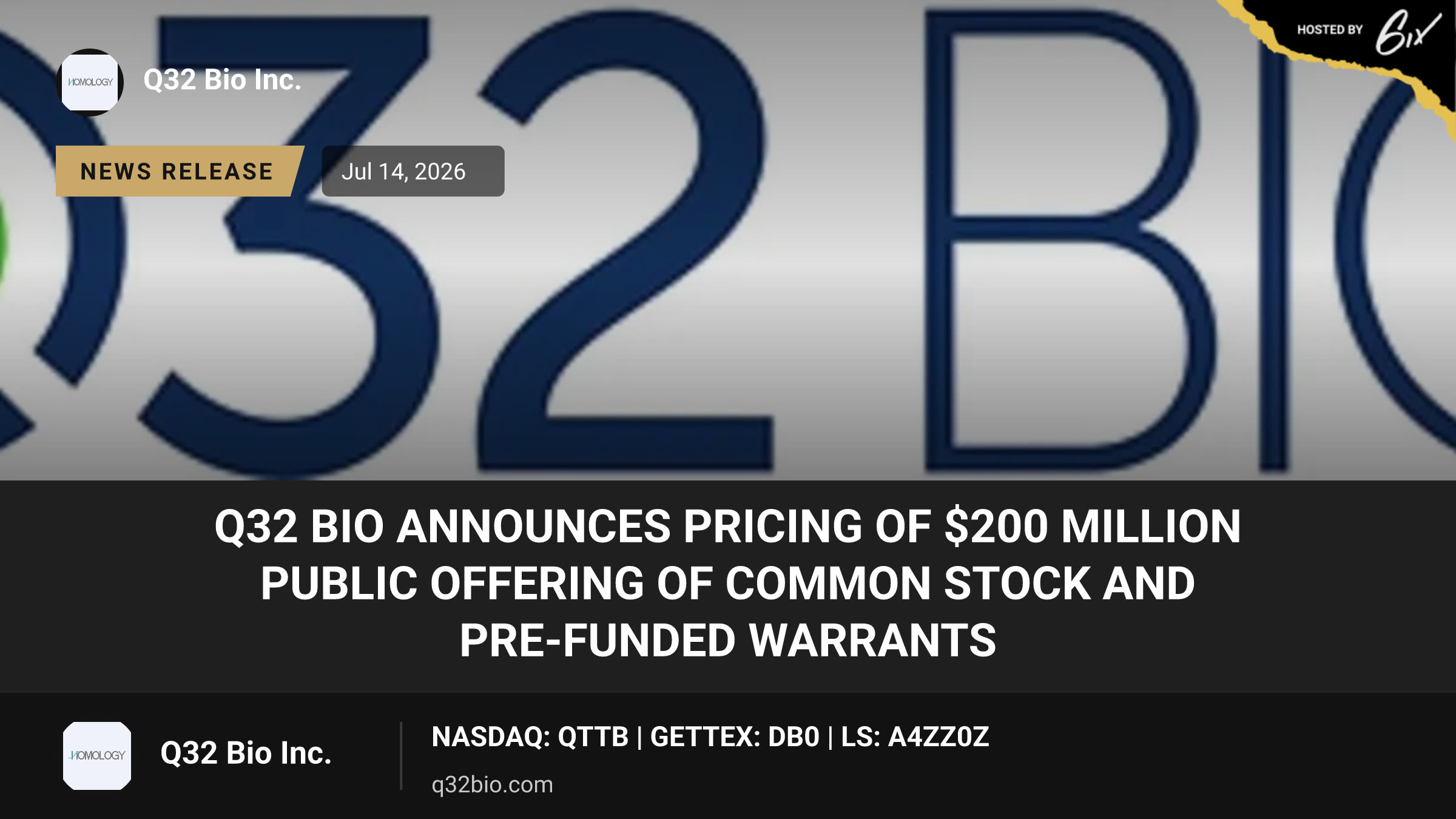 Q32 Bio Announces Pricing of $200 Million Public Offering of Common Stock and Pre-Funded Warrants
