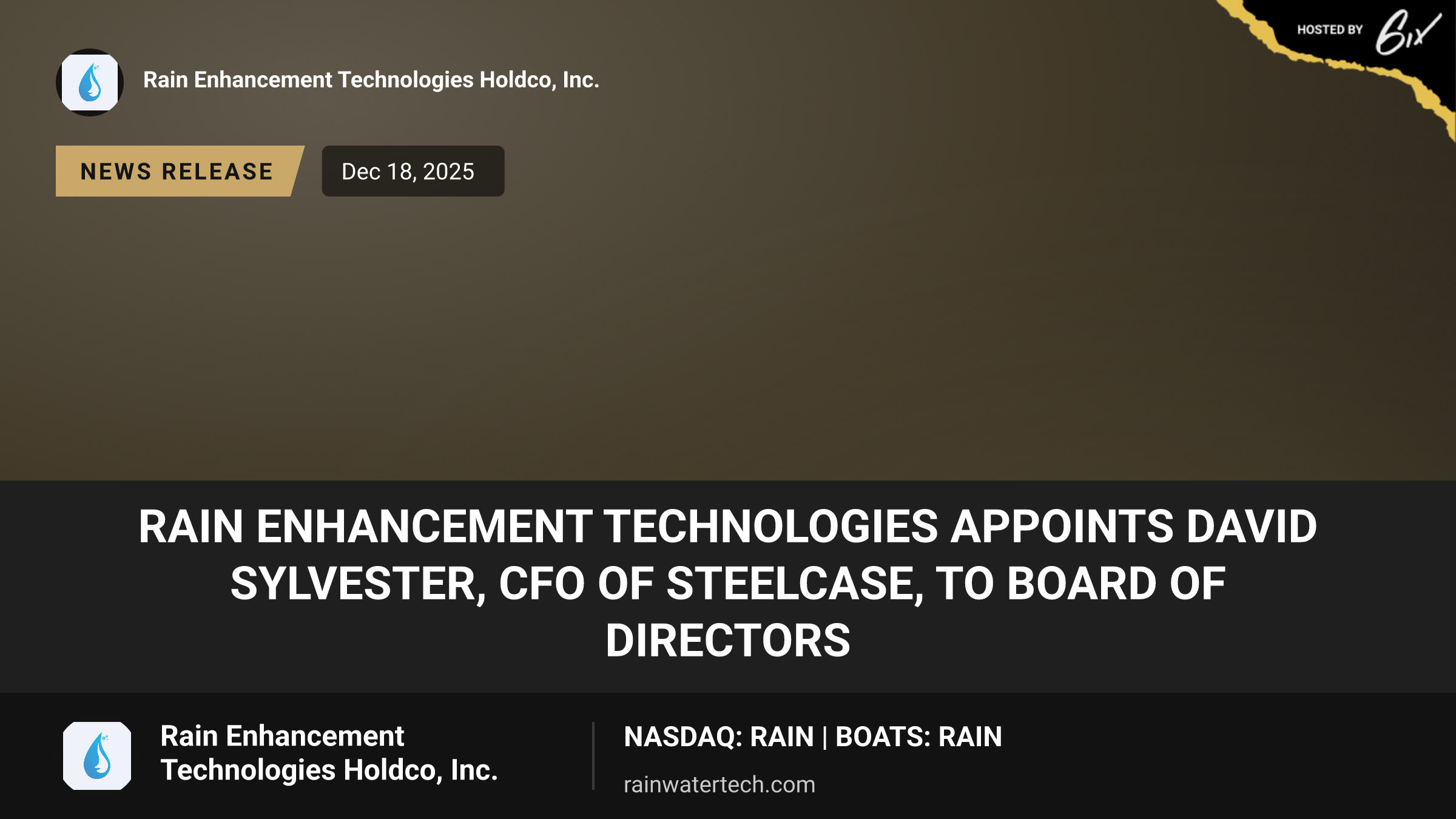 Rain Enhancement Technologies Appoints David Sylvester, CFO of Steelcase, to Board of Directors