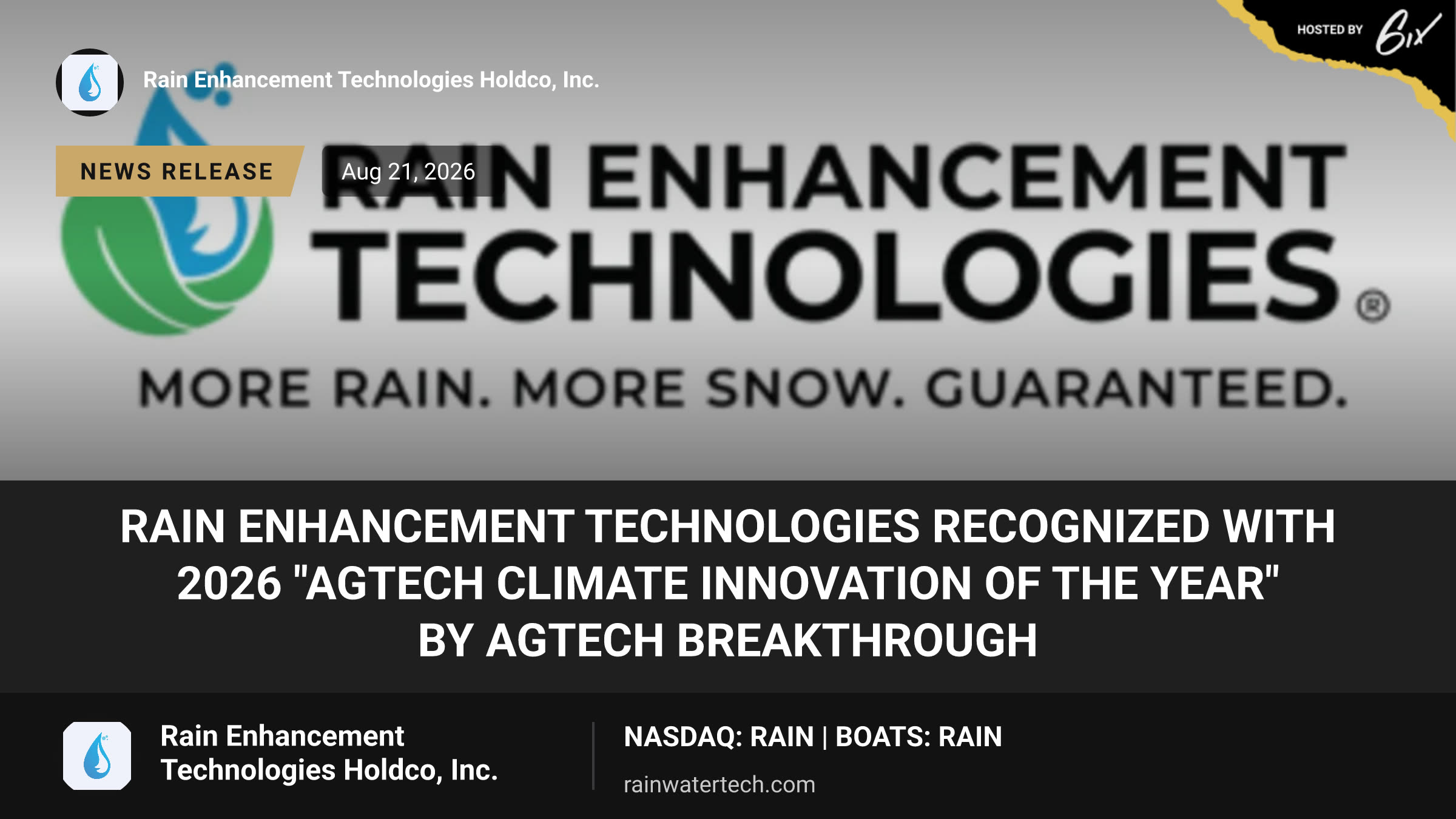 Rain Enhancement Technologies Recognized With 2026 "AgTech Climate Innovation of the Year" by AgTech Breakthrough