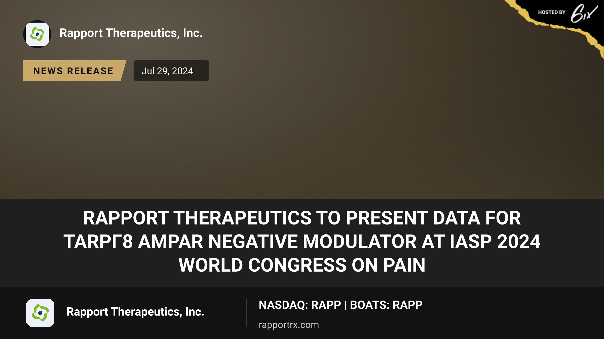 Rapport Therapeutics to Present Data for TARPγ8 AMPAR Negative Modulator at IASP 2024 World Congress on Pain