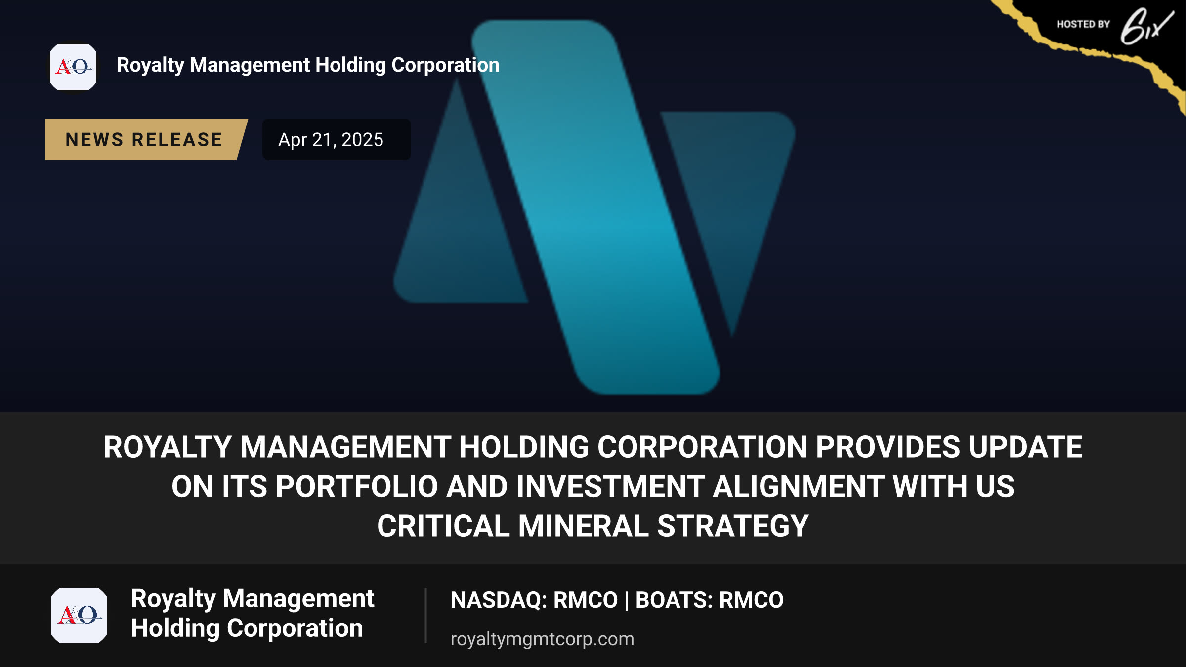 Royalty Management Holding Corporation Provides Update on Its Portfolio and Investment Alignment With US Critical Mineral Strategy