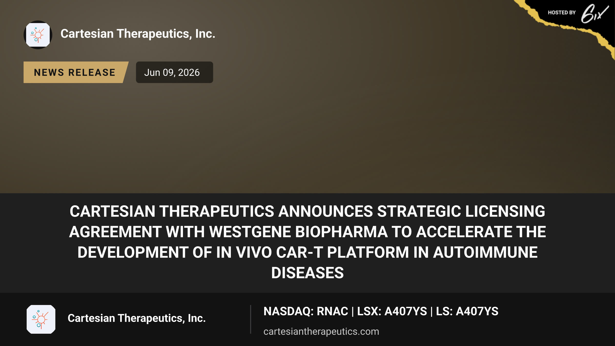 Cartesian Therapeutics Announces Strategic Licensing Agreement with WestGene Biopharma to Accelerate the Development of In Vivo CAR-T Platform in Autoimmune Diseases