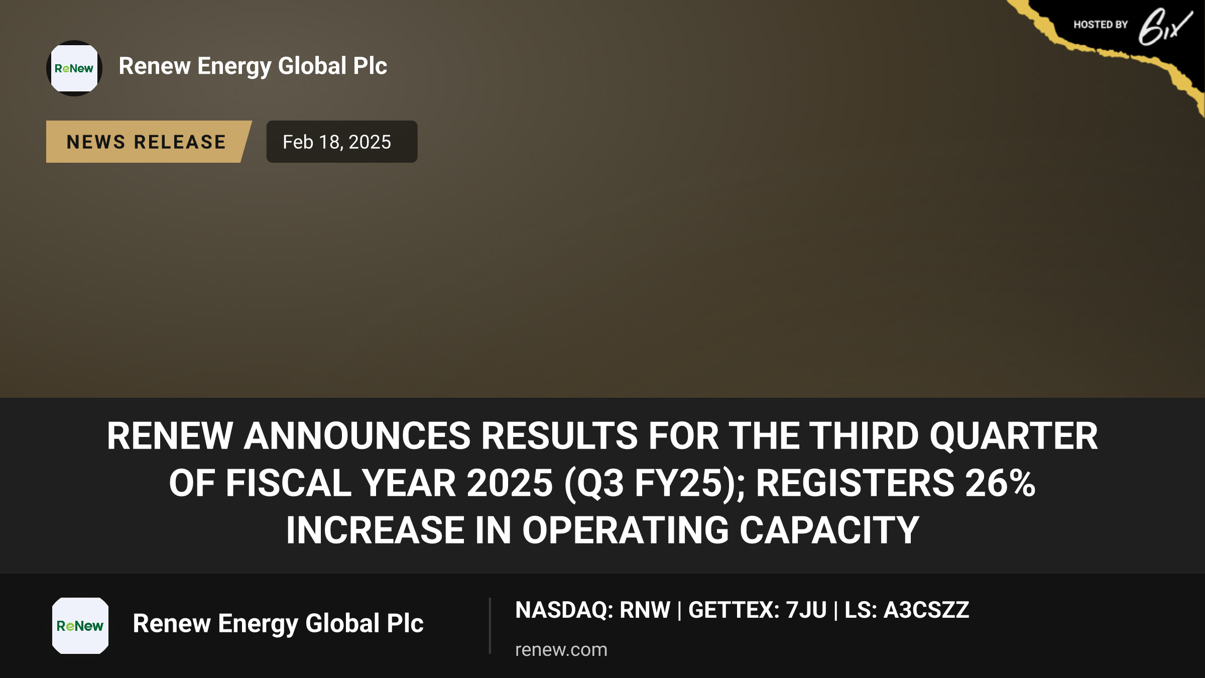 ReNew Announces Results for the Third Quarter of Fiscal Year 2025 (Q3 FY25); Registers 26% Increase in Operating Capacity