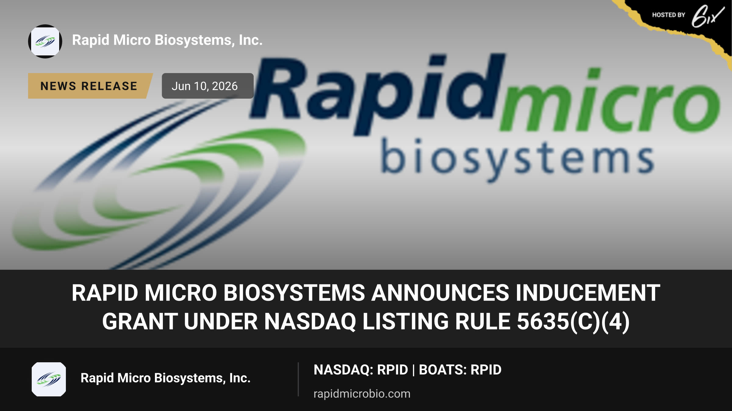 Rapid Micro Biosystems Announces Inducement Grant Under Nasdaq Listing Rule 5635(c)(4)
