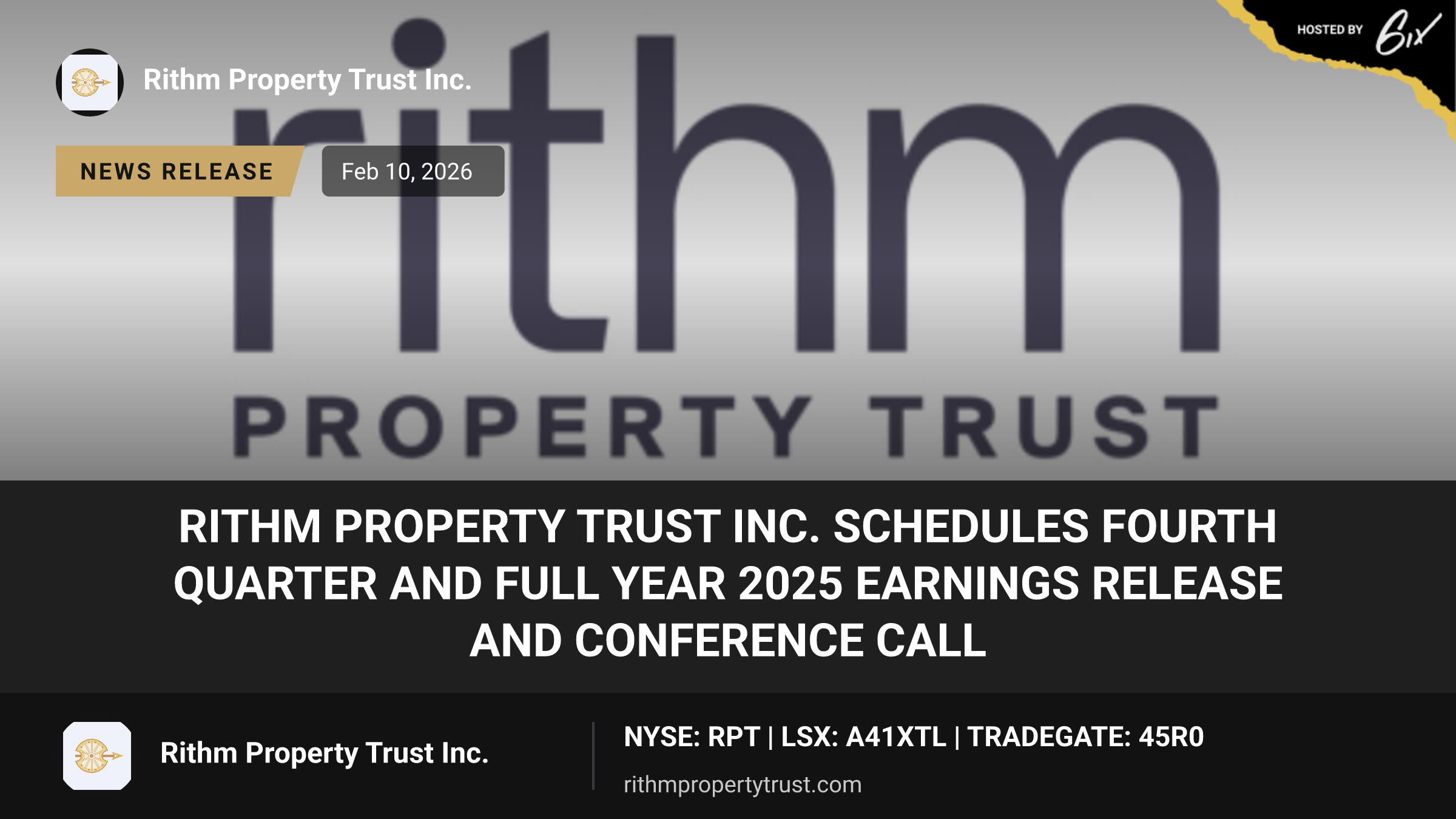 Rithm Property Trust Inc. Schedules Fourth Quarter and Full Year 2025 Earnings Release and Conference Call