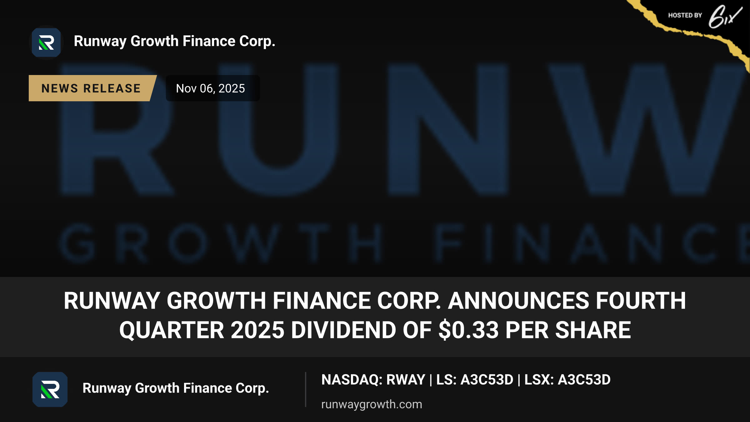 Runway Growth Finance Corp. Announces Fourth Quarter 2025 Dividend of $0.33 per Share