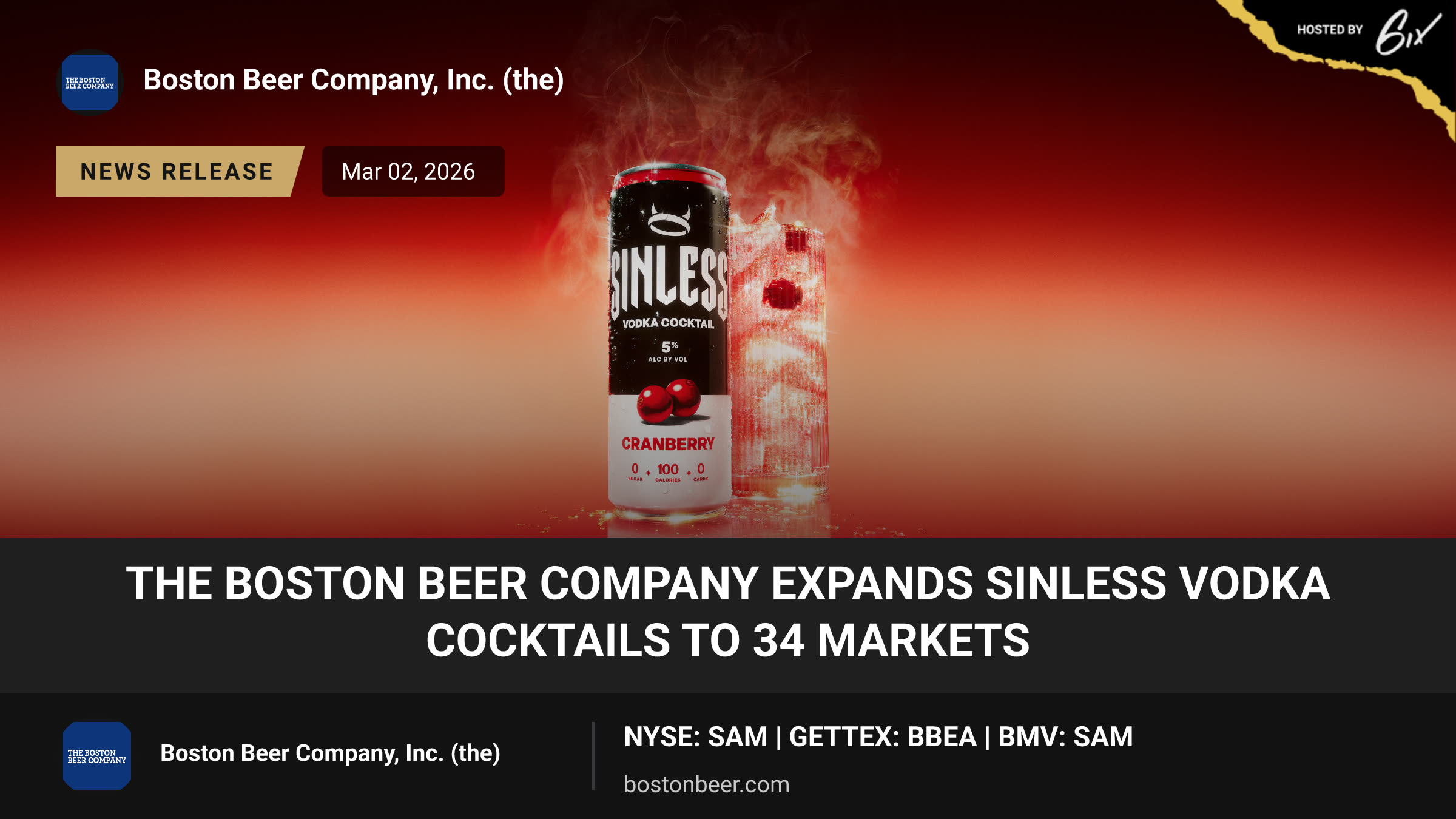 The Boston Beer Company Expands Sinless Vodka Cocktails to 34 Markets