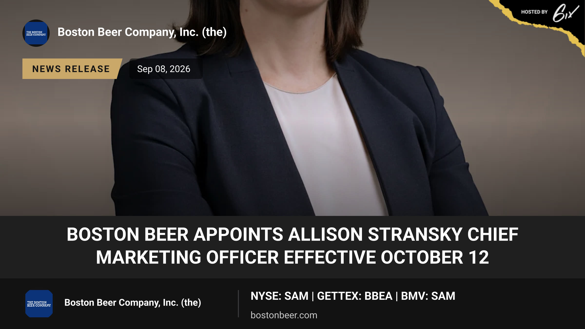 BOSTON BEER APPOINTS ALLISON STRANSKY CHIEF MARKETING OFFICER EFFECTIVE OCTOBER 12