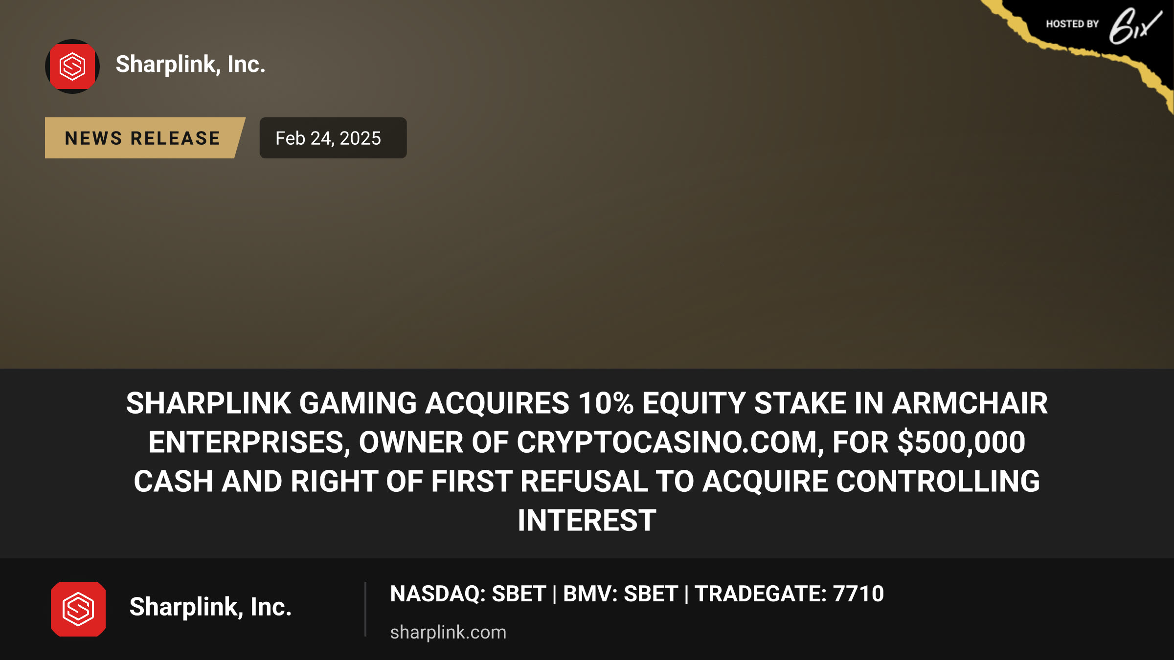 SharpLink Gaming Acquires 10% Equity Stake in Armchair Enterprises, Owner of CryptoCasino.com, for $500,000 Cash and Right of First Refusal to Acquire Controlling Interest