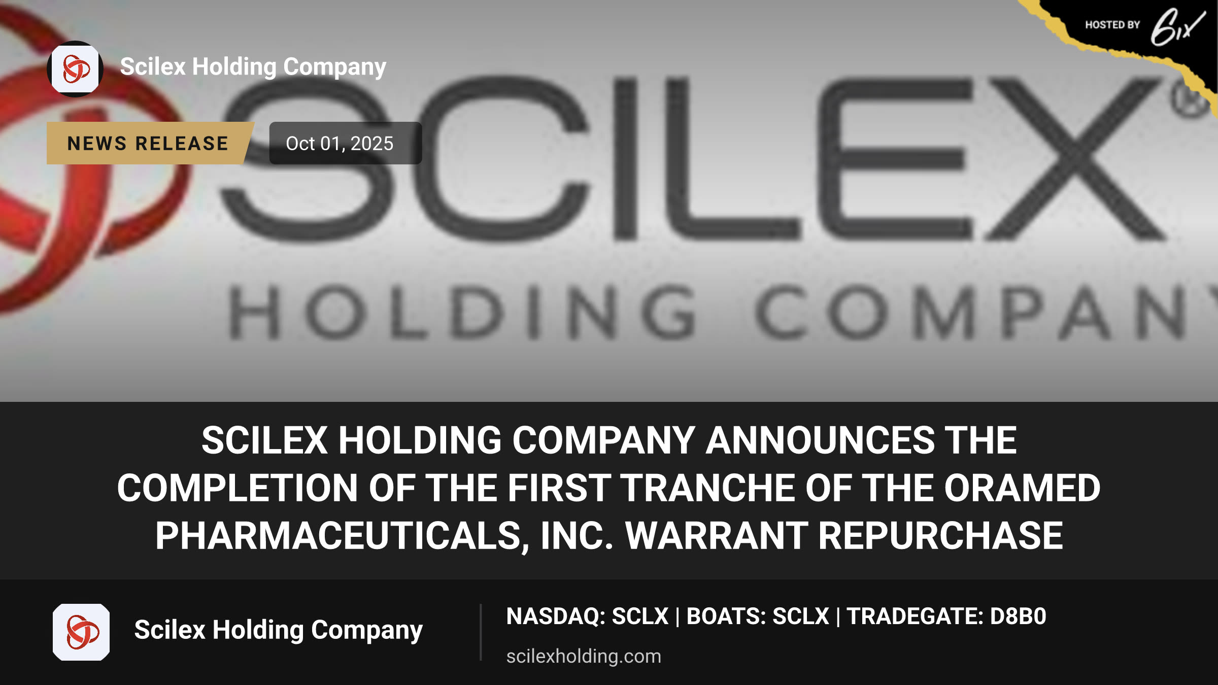 Scilex Holding Company Announces the Completion of the First Tranche of the Oramed Pharmaceuticals, Inc. Warrant Repurchase