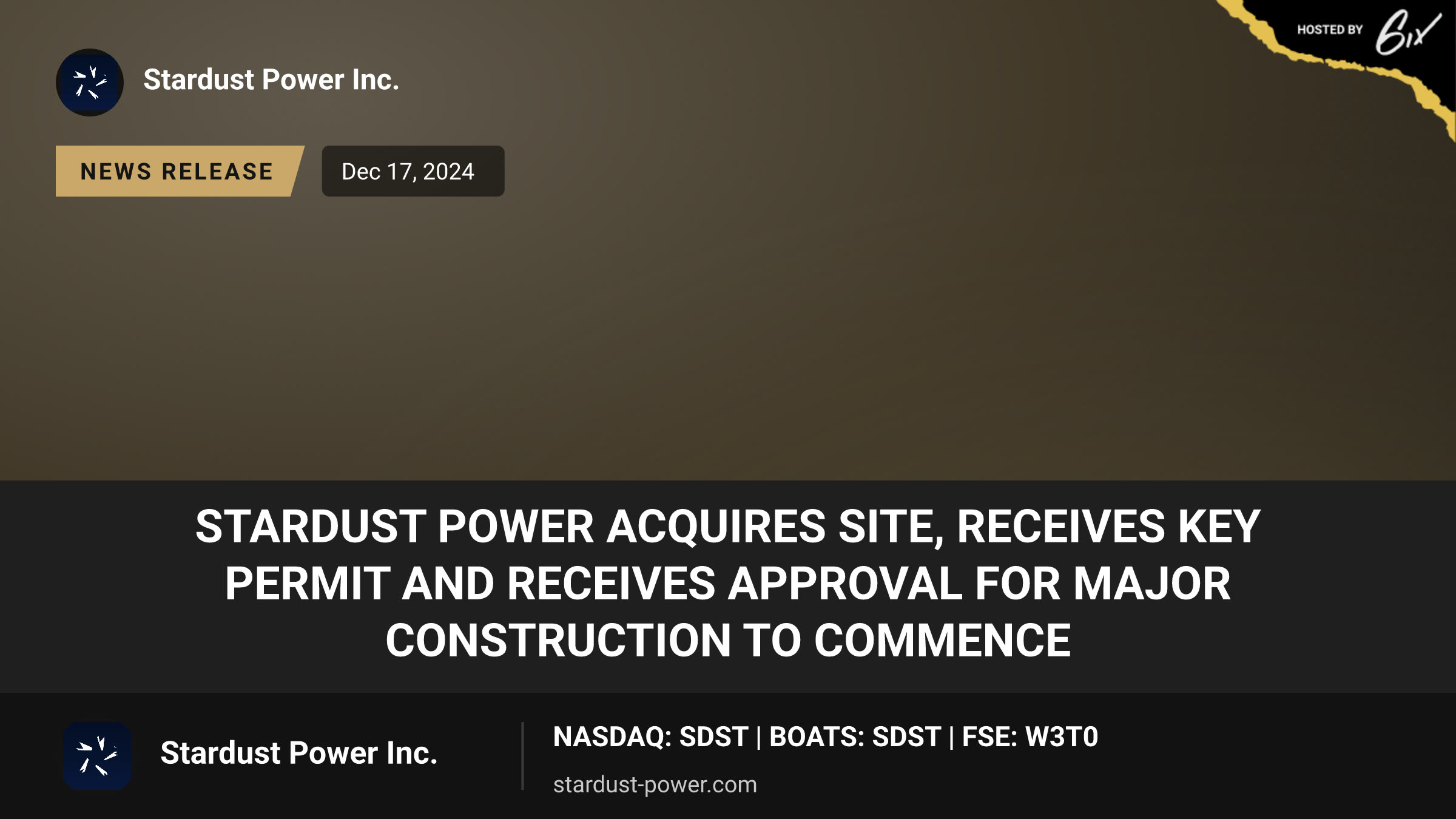 Stardust Power Acquires Site, Receives Key Permit And Receives Approval For Major Construction To Commence