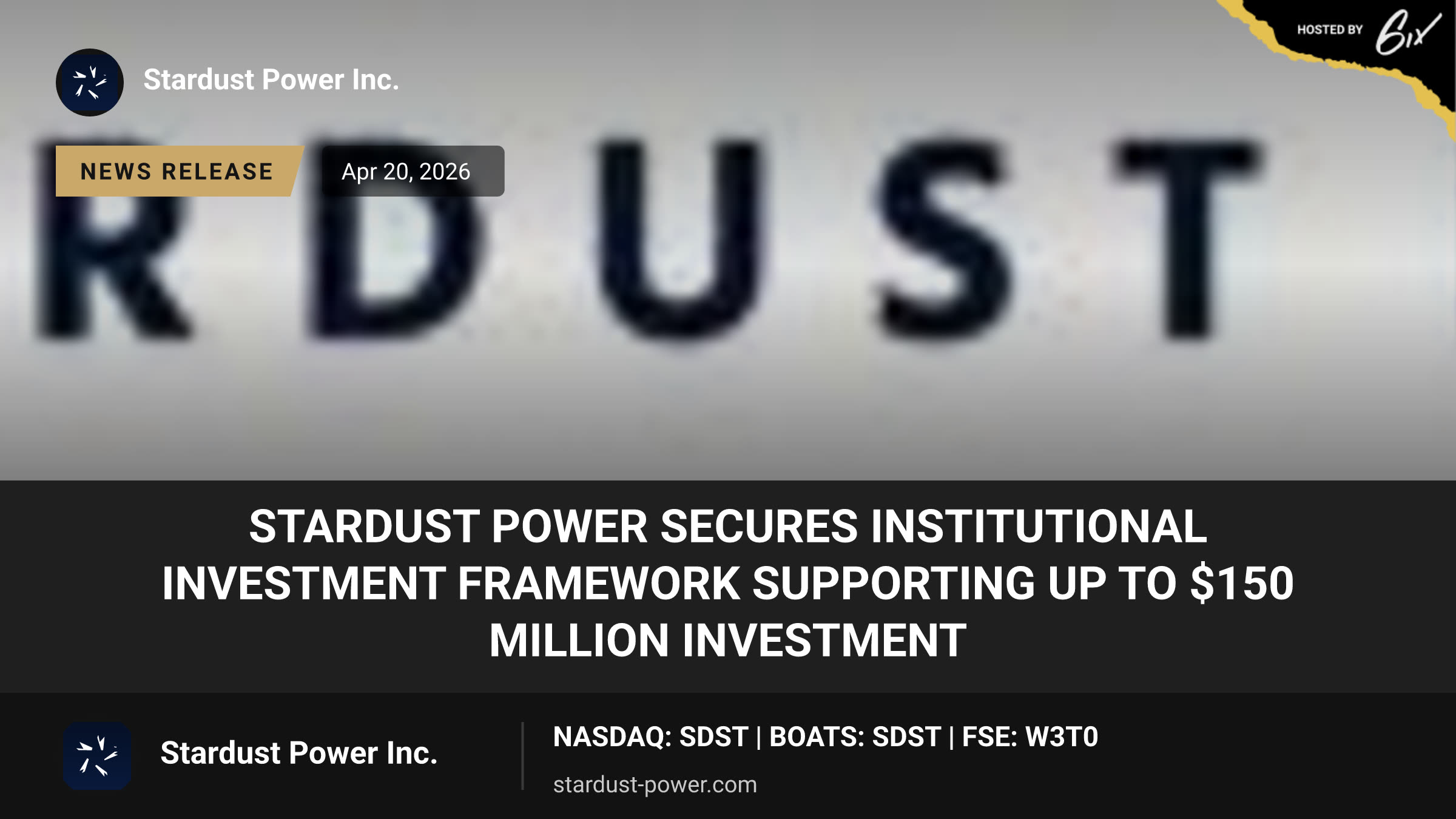 Stardust Power Secures Institutional Investment Framework Supporting Up to $150 Million Investment