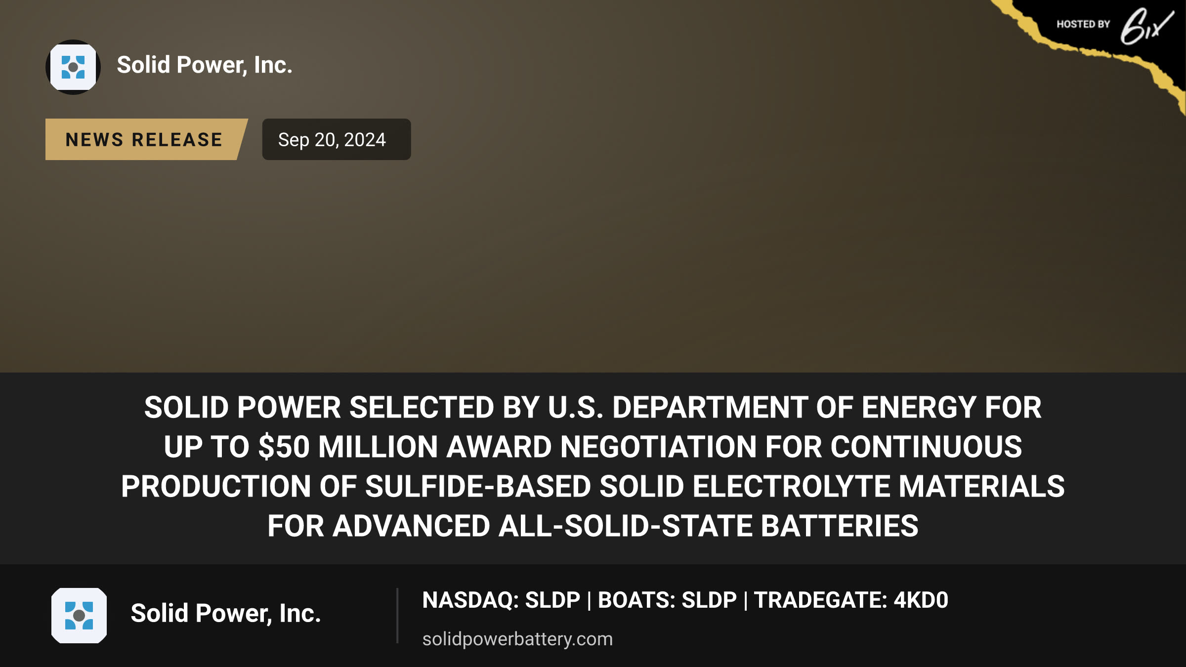 Solid Power Selected by U.S. Department of Energy for Up to $50 Million Award Negotiation for Continuous Production of Sulfide-based Solid Electrolyte Materials for Advanced All-Solid-State Batteries