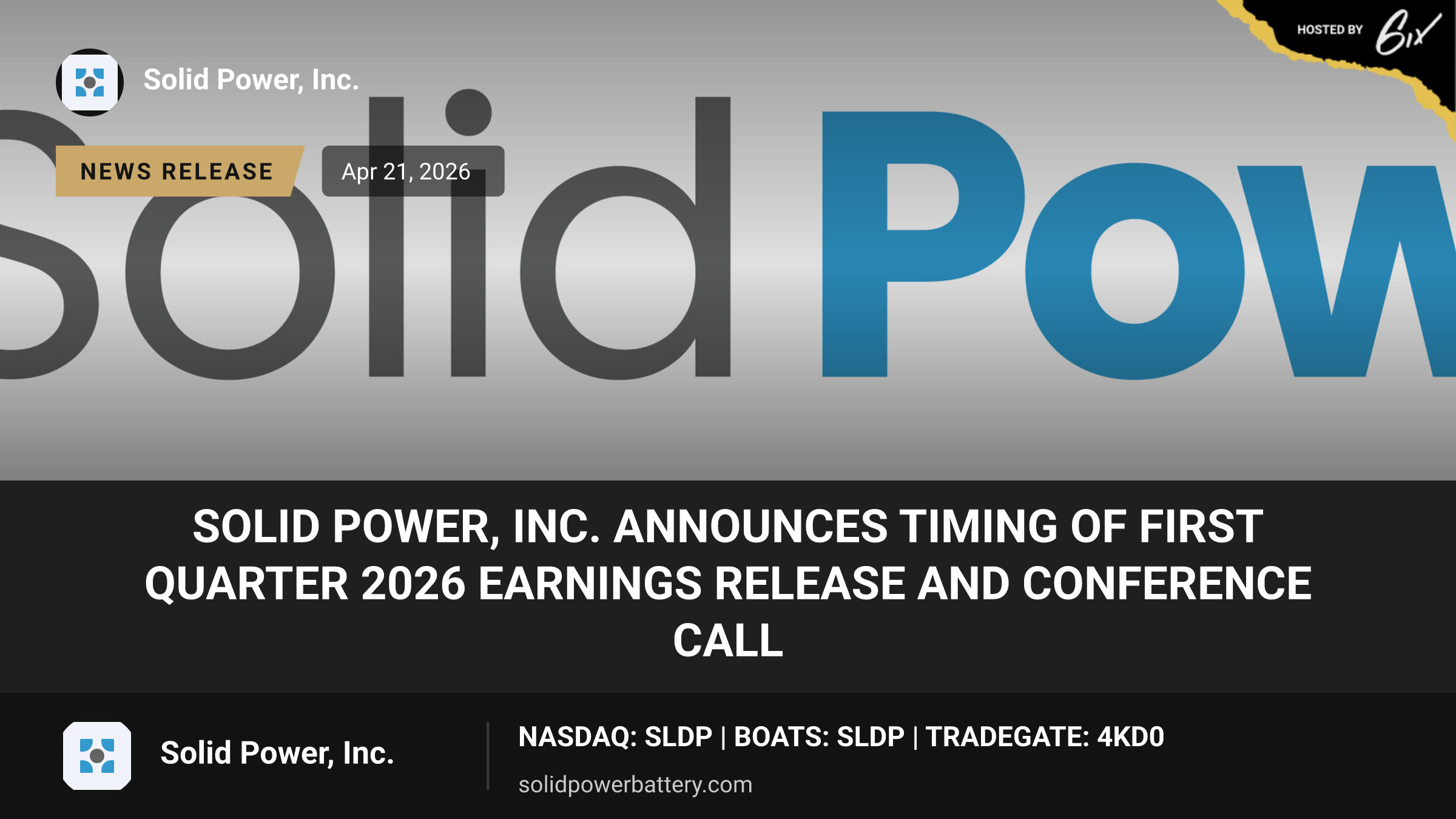 Solid Power, Inc. Announces Timing of First Quarter 2026 Earnings Release and Conference Call