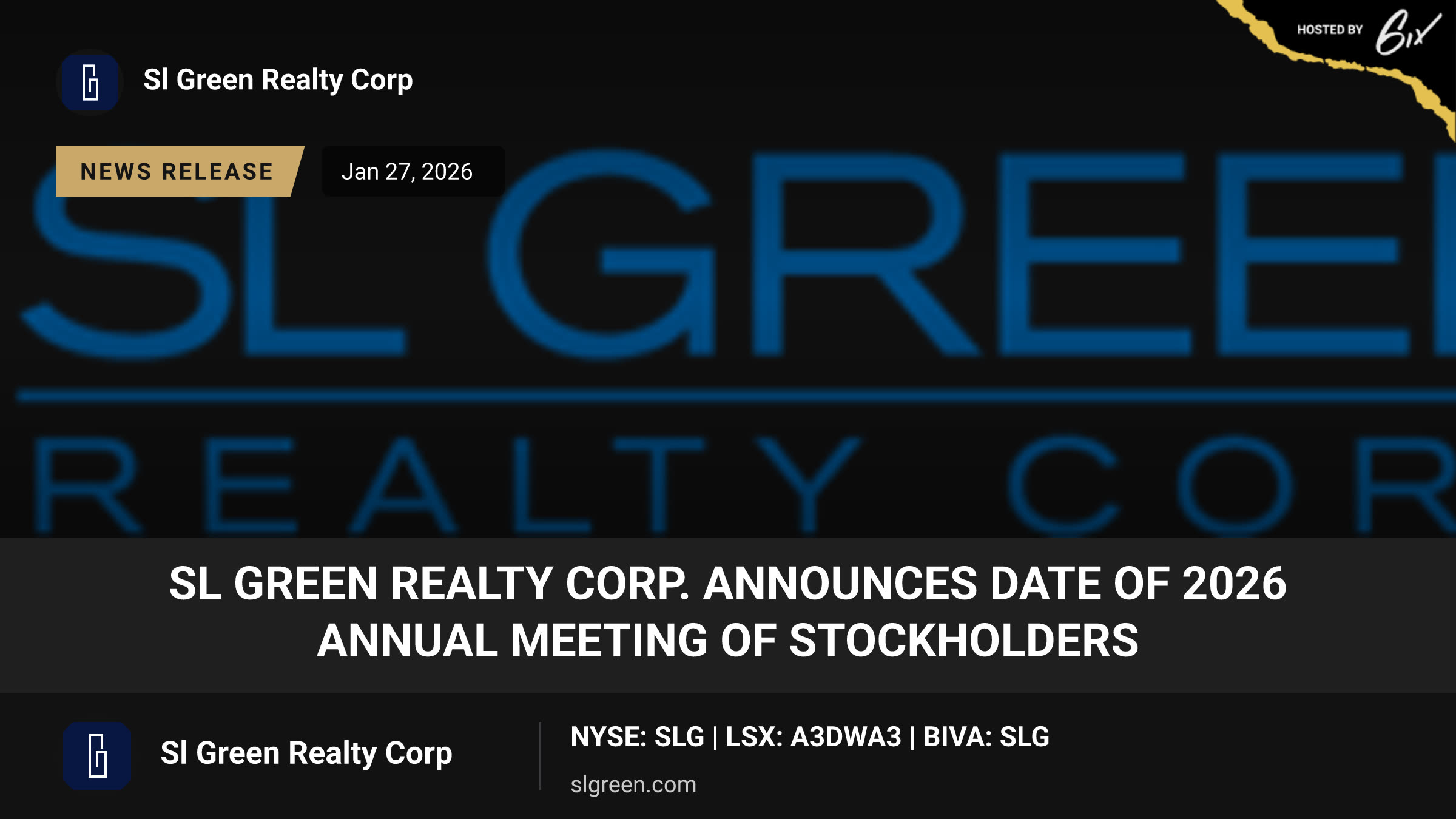 SL Green Realty Corp. Announces Date of 2026 Annual Meeting of Stockholders