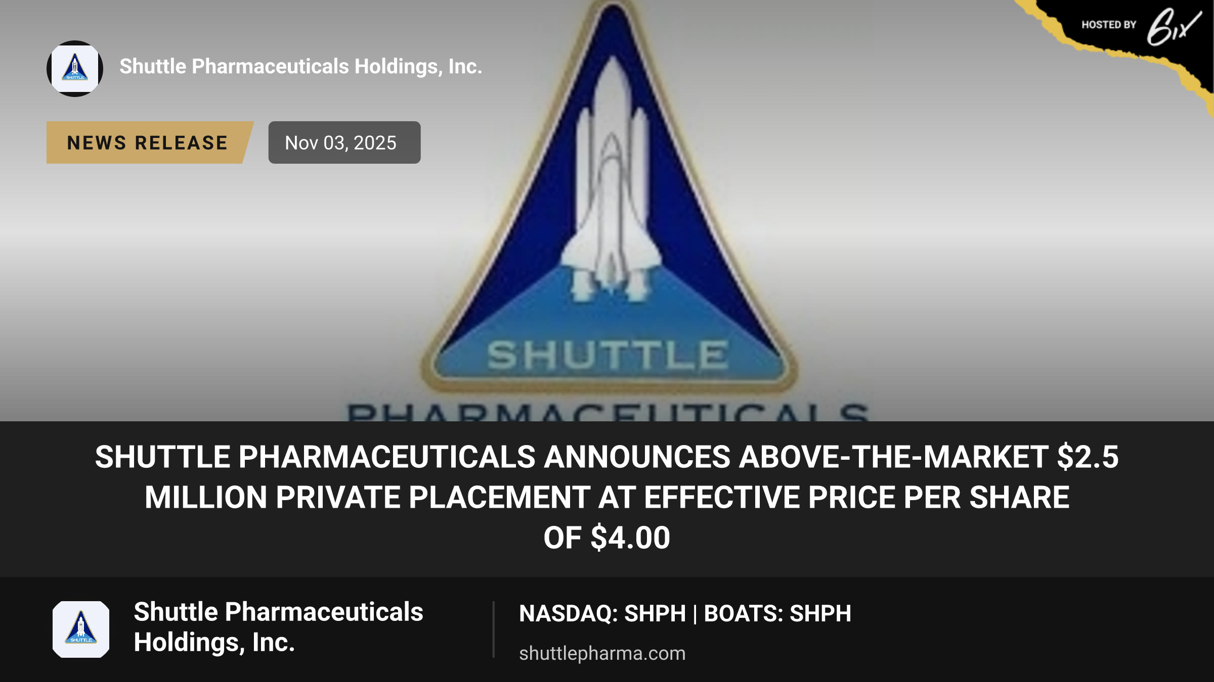 Shuttle Pharmaceuticals Announces Above-the-Market $2.5 Million Private Placement at Effective Price per Share of $4.00