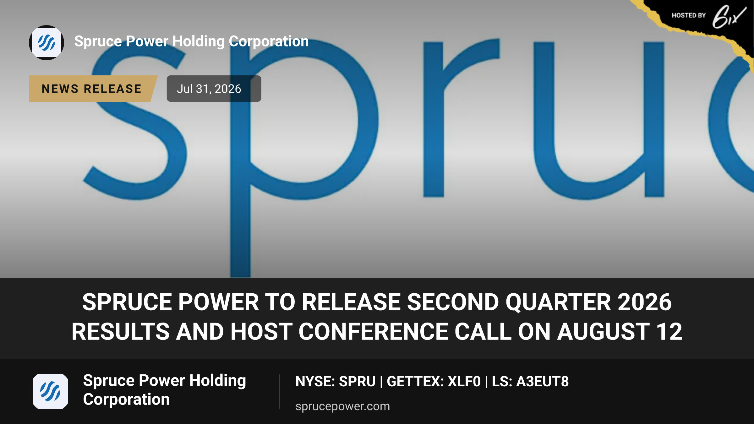 Spruce Power to Release Second Quarter 2026 Results and Host Conference Call on August 12