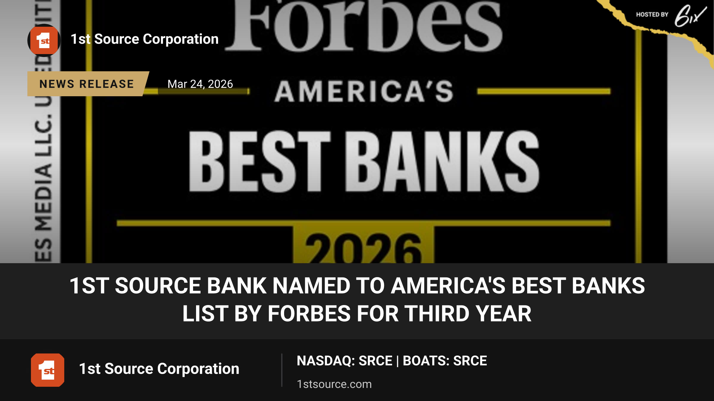 1st Source Bank Named to America's Best Banks List by Forbes for Third Year