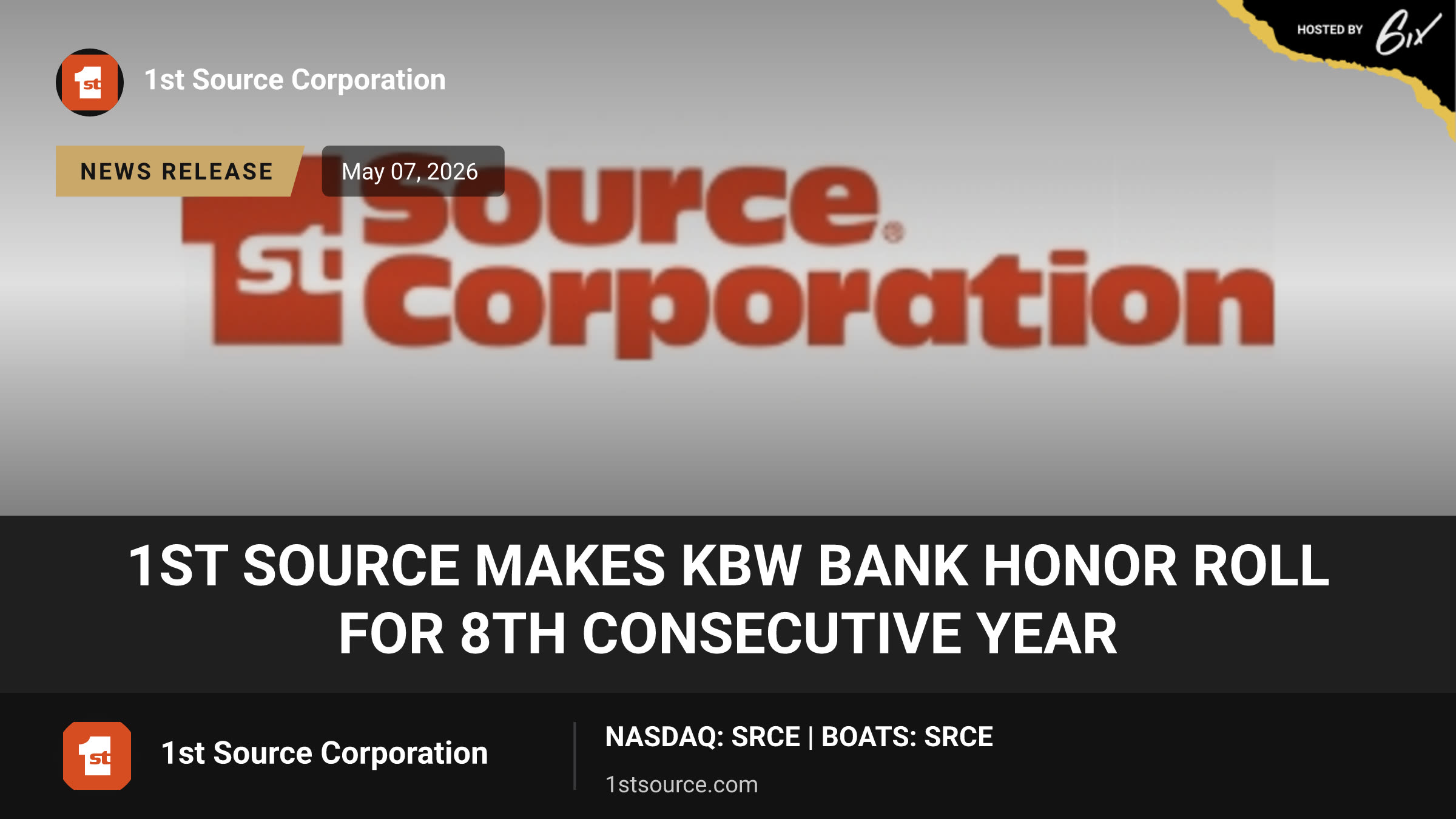 1st Source Makes KBW Bank Honor Roll for 8th Consecutive Year