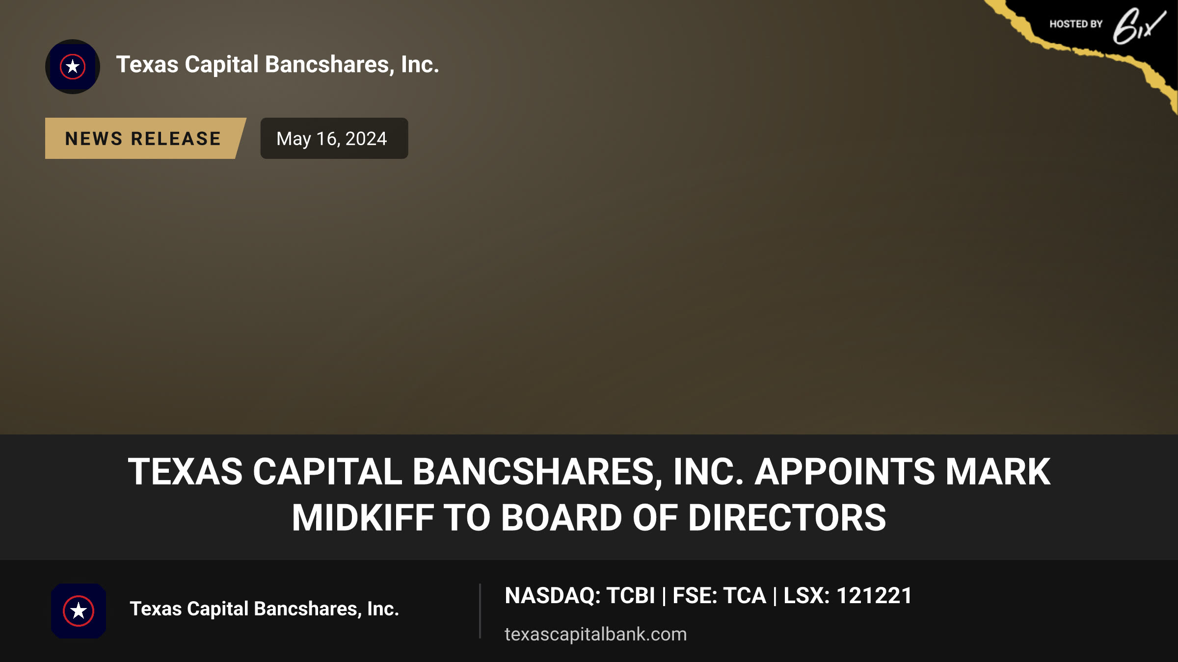 Texas Capital Bancshares, Inc. Appoints Mark Midkiff to Board of Directors