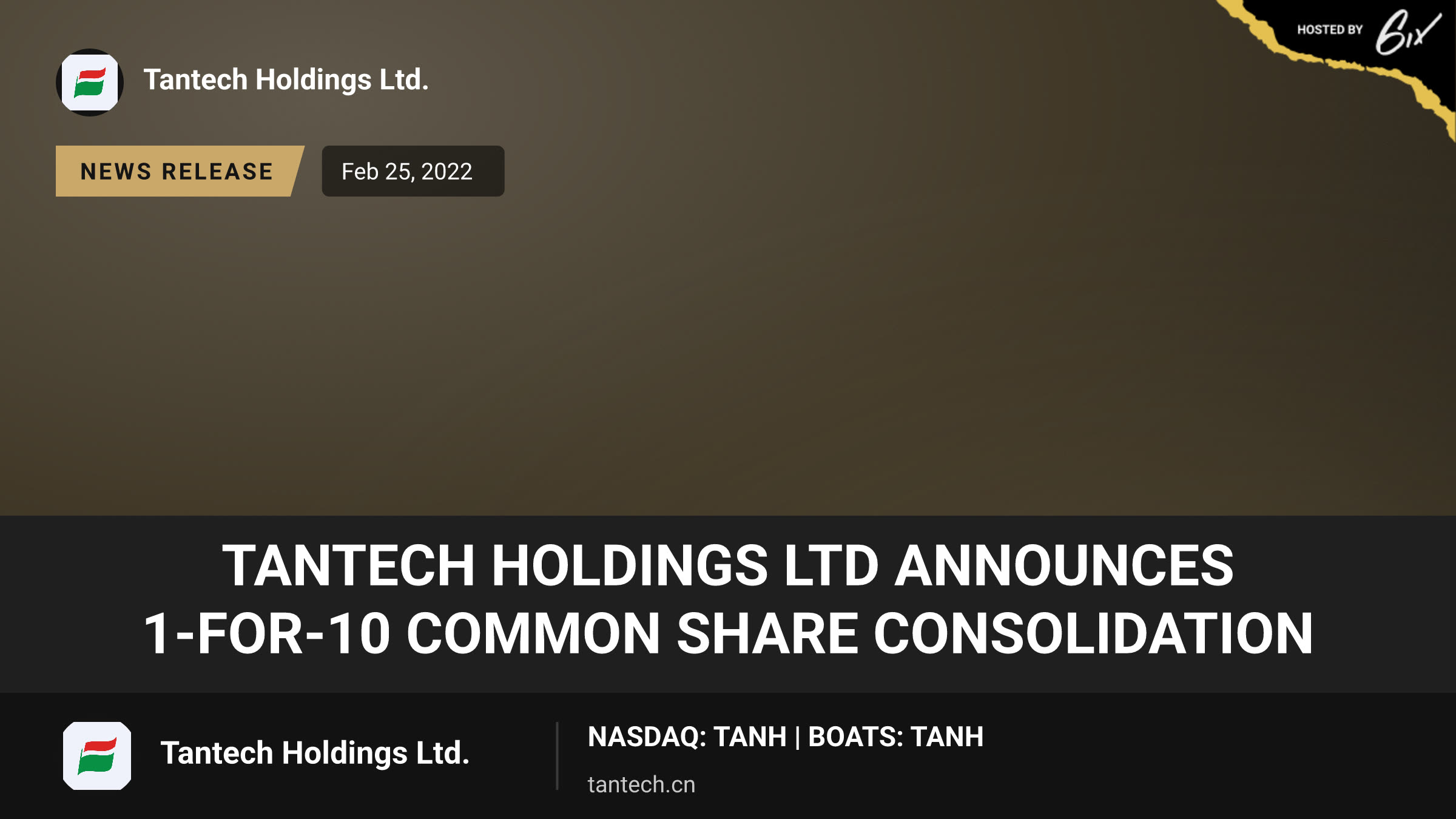Tantech Holdings Ltd Announces 1-for-10 Common Share Consolidation