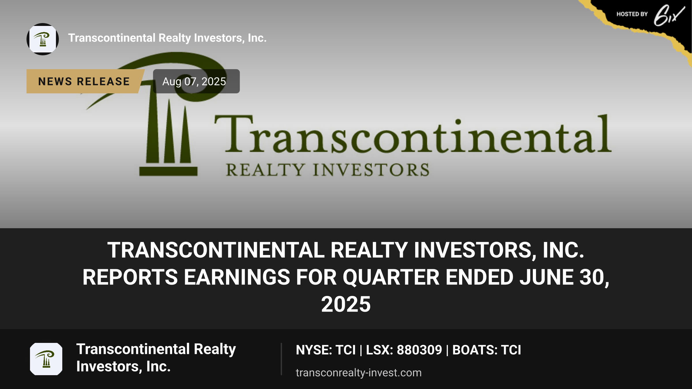Transcontinental Realty Investors, Inc. reports Earnings for Quarter Ended June 30, 2025