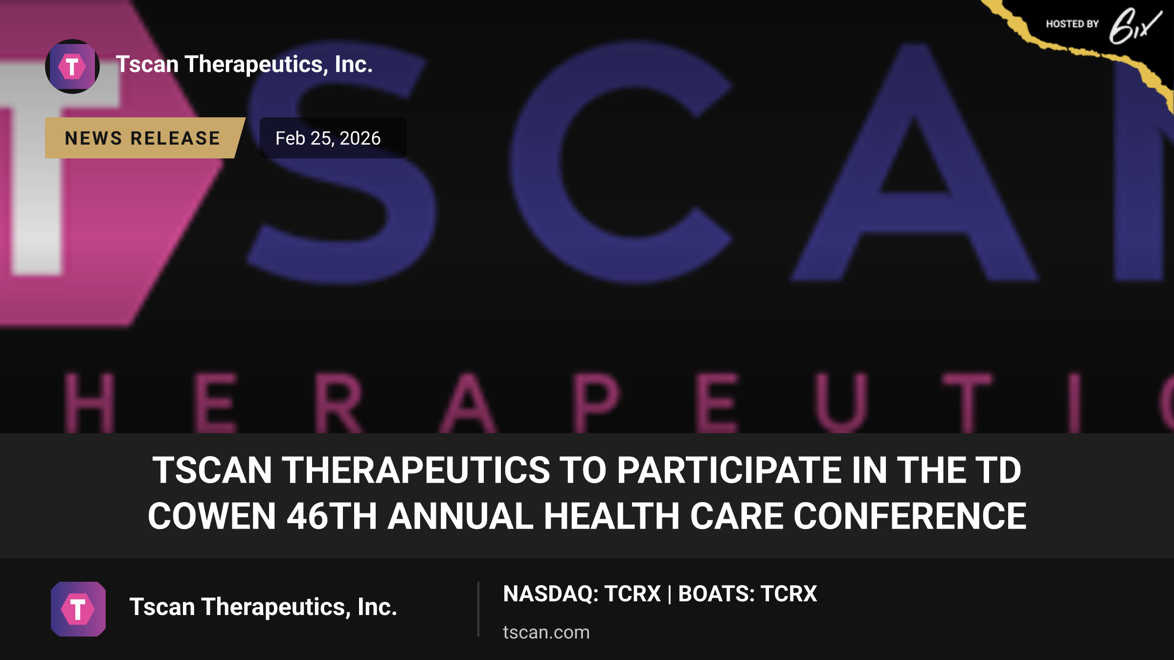 TScan Therapeutics to Participate in the TD Cowen 46th Annual Health Care Conference