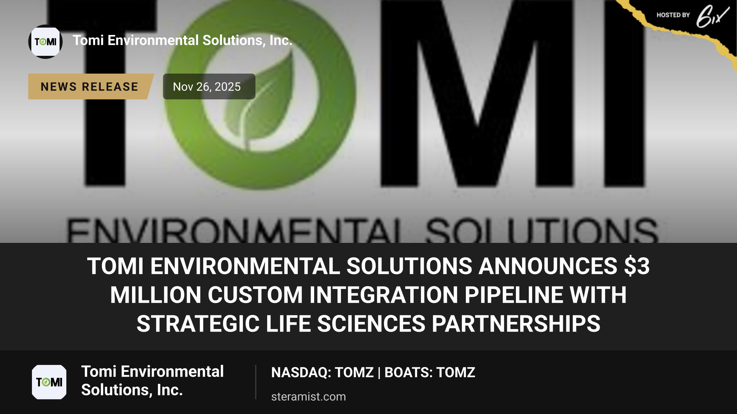 TOMI Environmental Solutions Announces $3 Million Custom Integration Pipeline with Strategic Life Sciences Partnerships