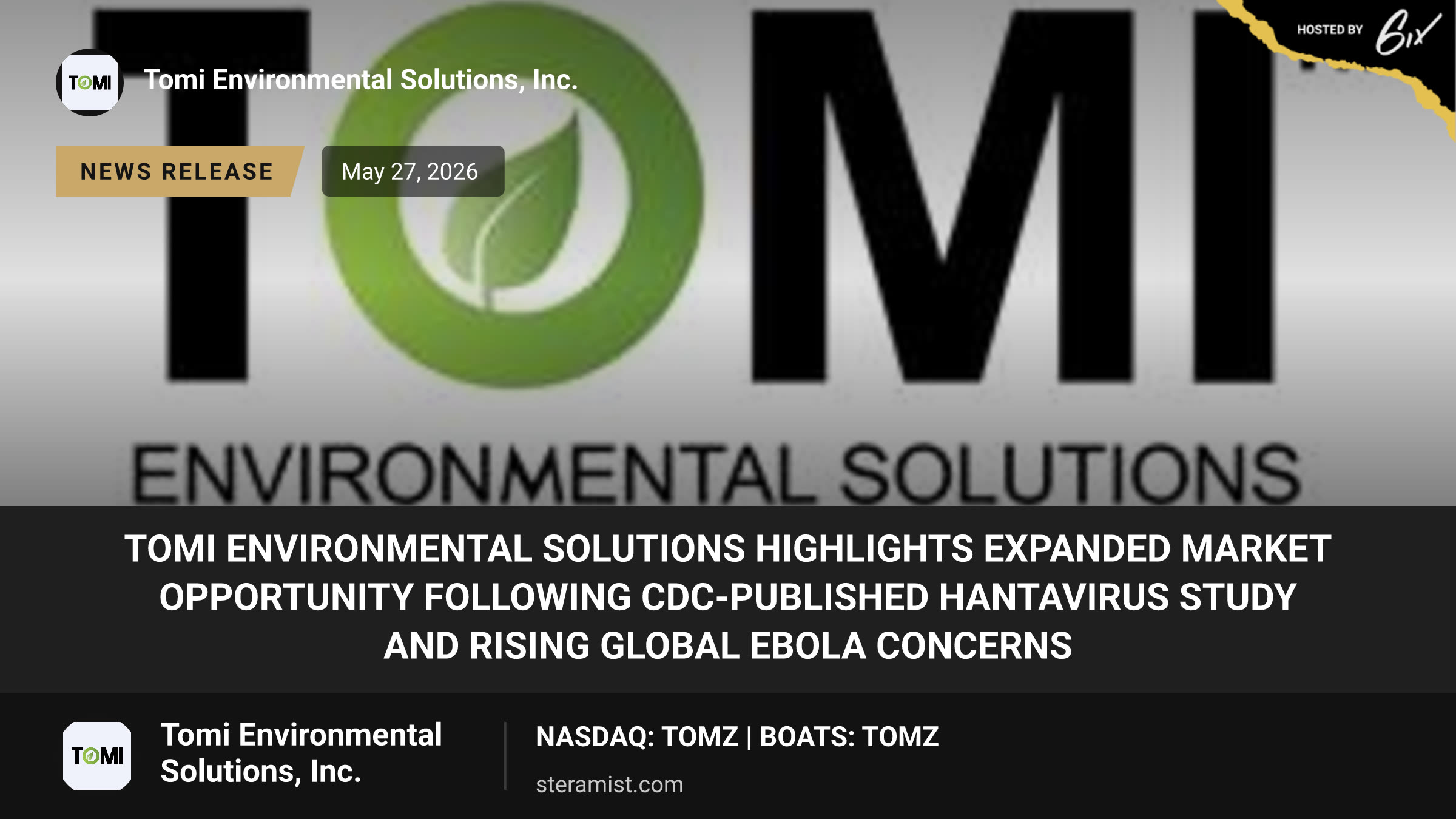 TOMI Environmental Solutions Highlights Expanded Market Opportunity Following CDC-Published Hantavirus Study and Rising Global Ebola Concerns