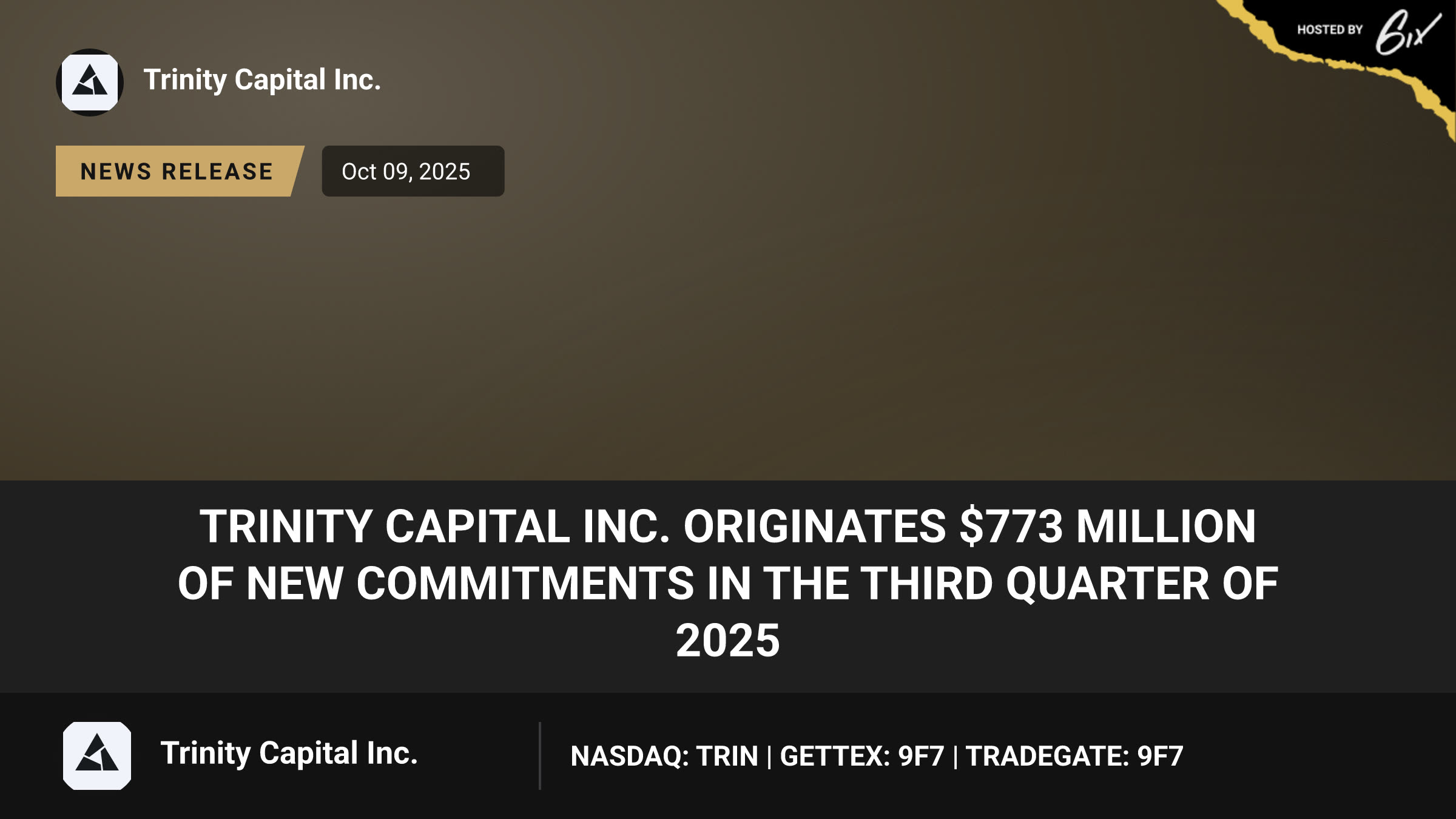 Trinity Capital Inc. Originates $773 Million of New Commitments in the Third Quarter of 2025