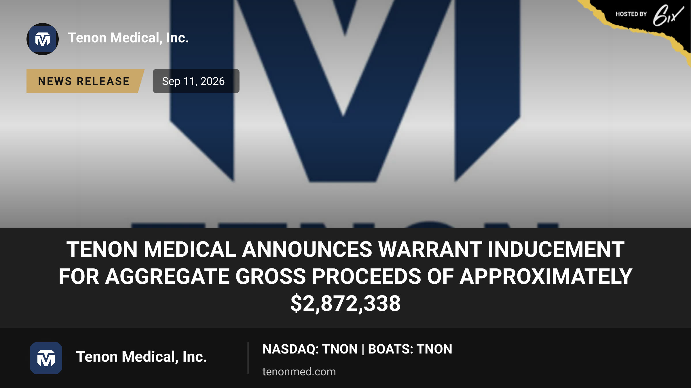 Tenon Medical Announces Warrant Inducement for Aggregate Gross Proceeds of Approximately $2,872,338