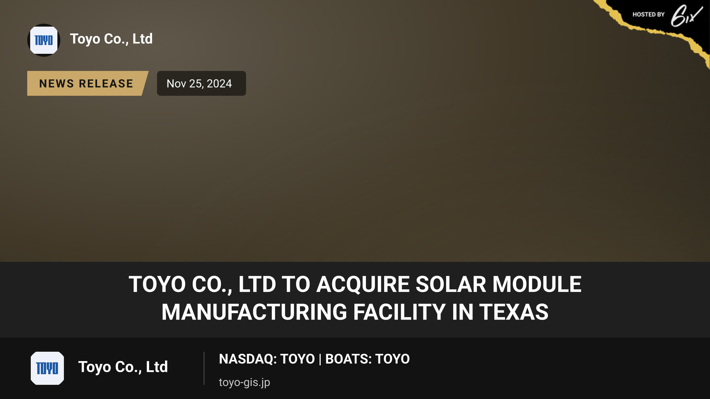 TOYO Co., Ltd to Acquire Solar Module Manufacturing Facility in Texas