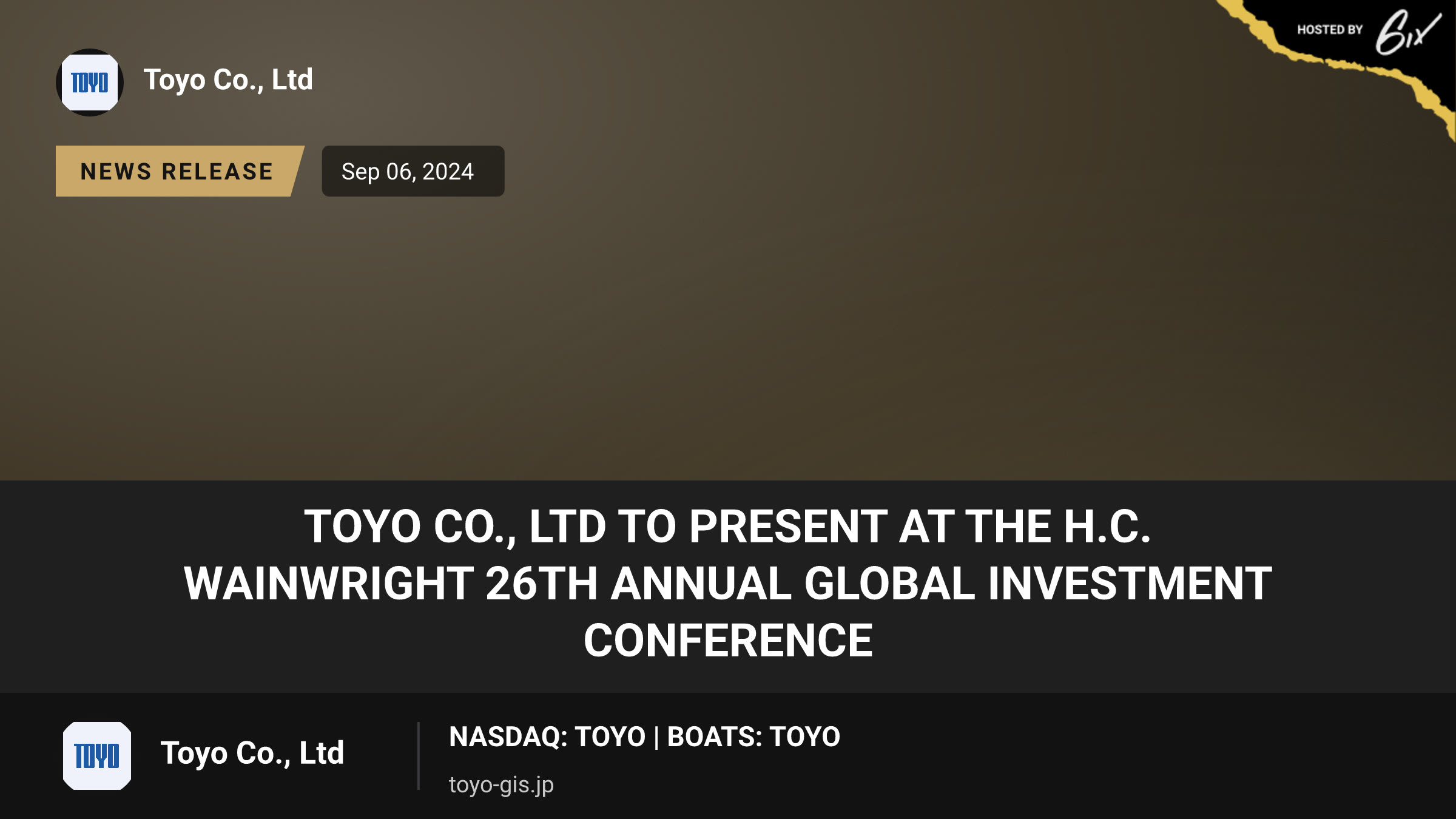 TOYO Co., Ltd to Present at the H.C. Wainwright 26th Annual Global Investment Conference