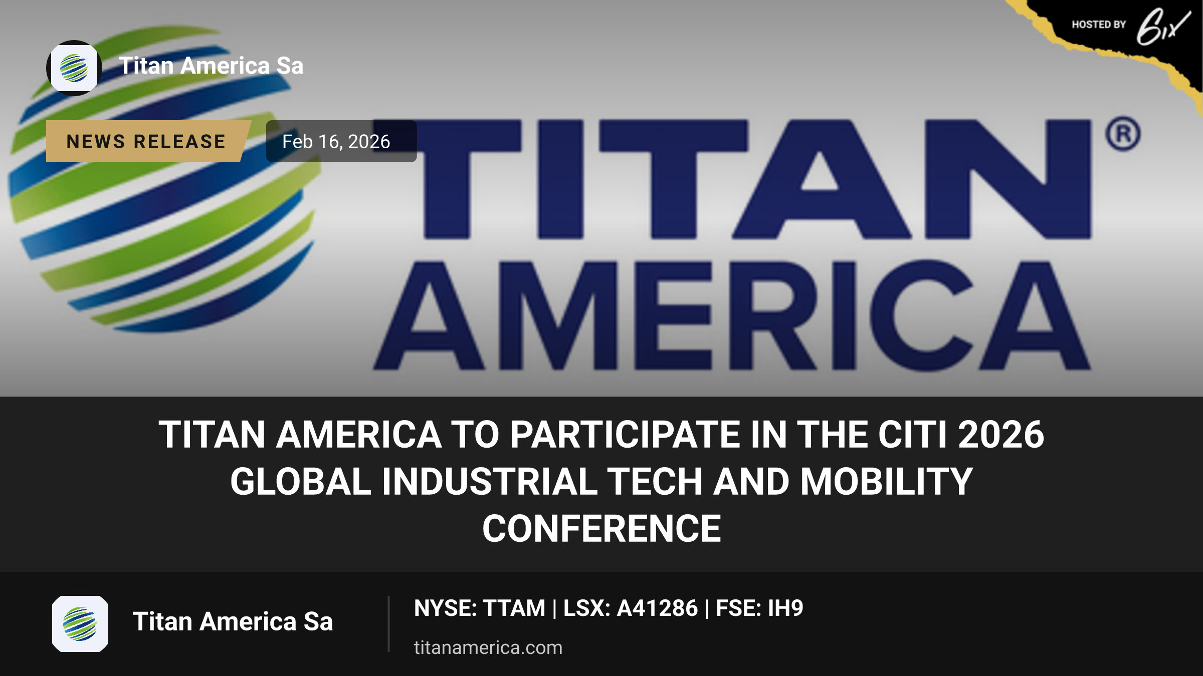 Titan America to Participate in the Citi 2026 Global Industrial Tech and Mobility Conference