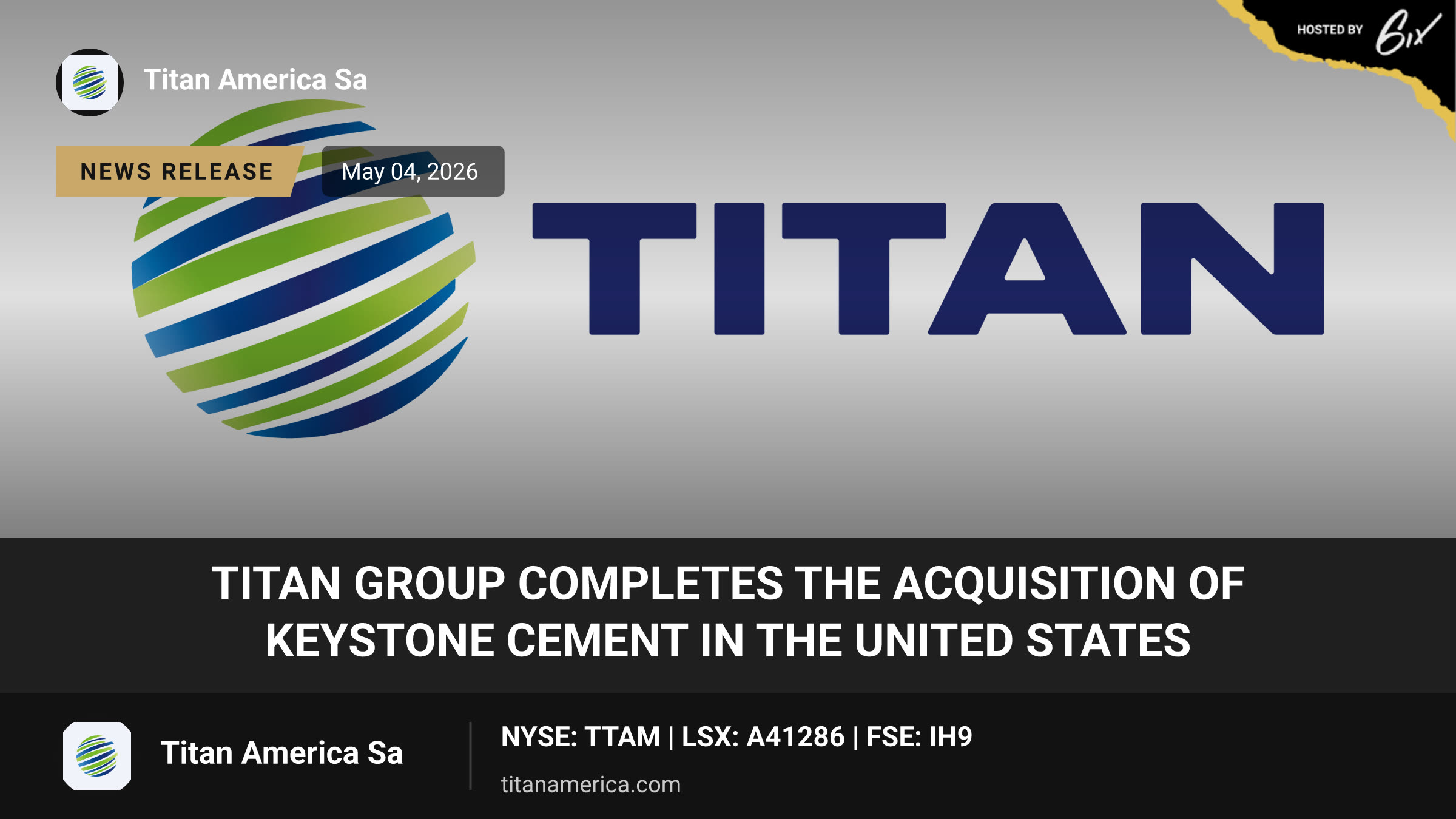 TITAN Group Completes the Acquisition of Keystone Cement in the United States