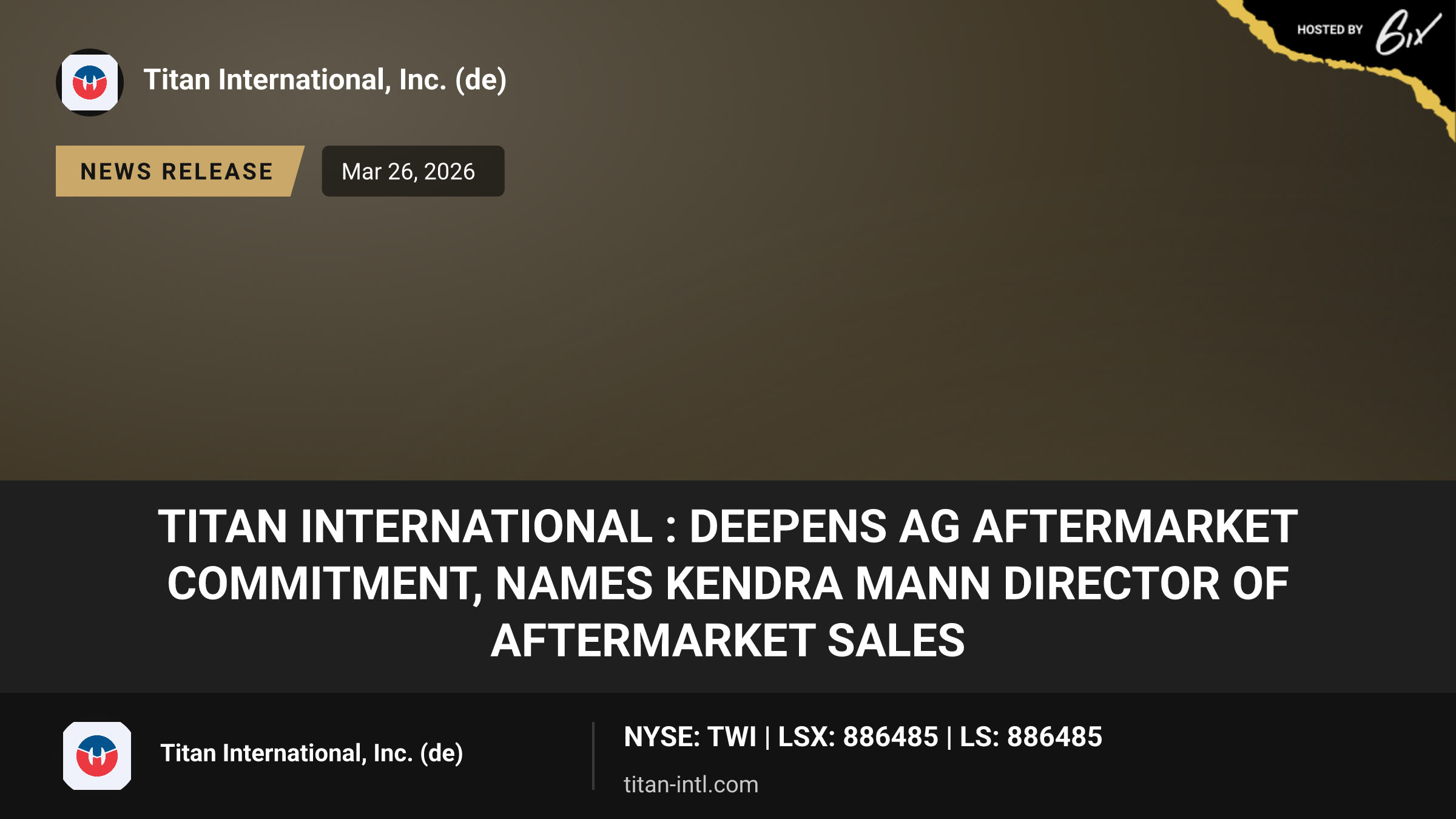 Titan International : Deepens Ag Aftermarket Commitment, Names Kendra Mann Director of Aftermarket Sales