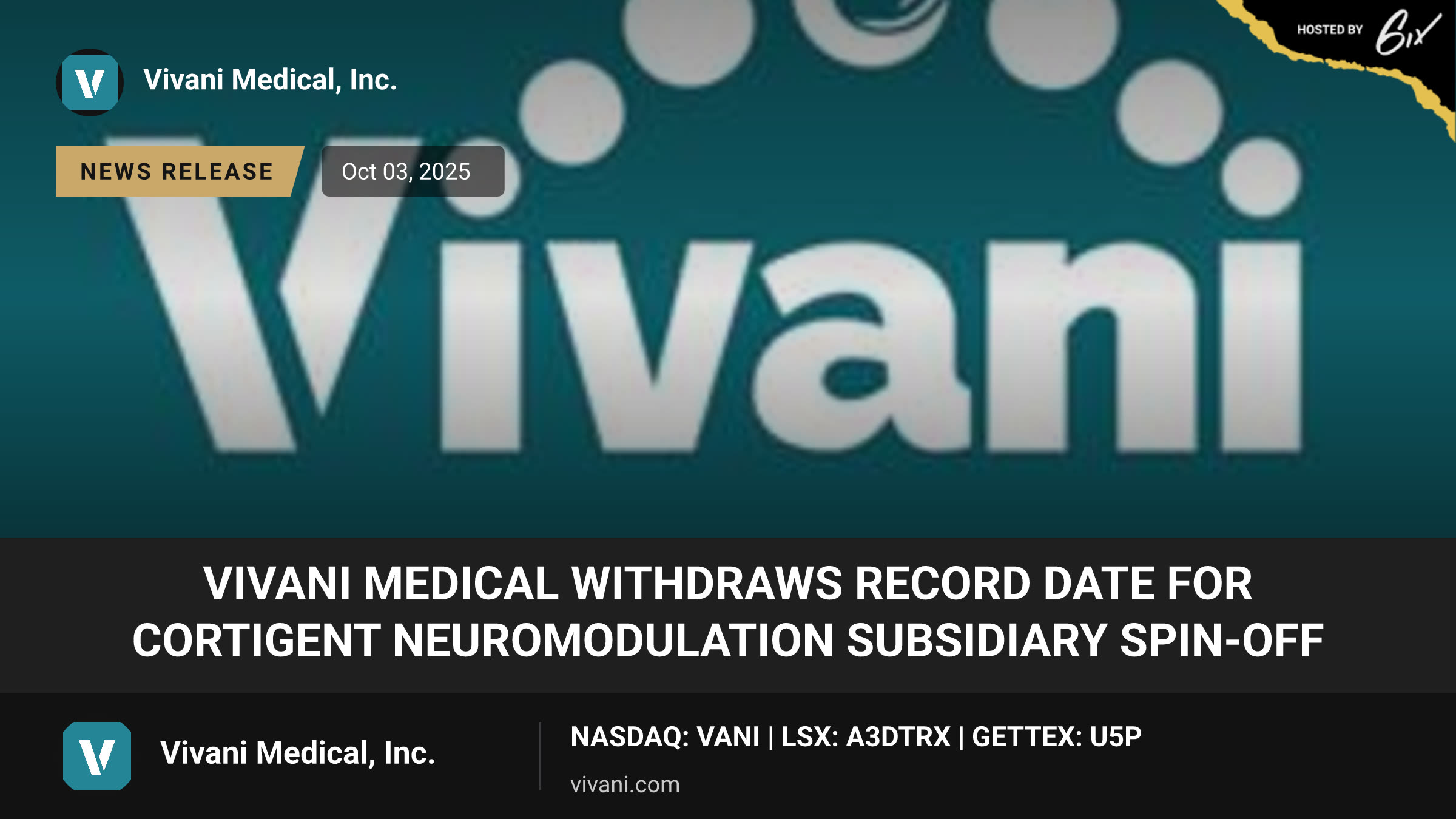 Vivani Medical Withdraws Record Date for Cortigent Neuromodulation Subsidiary Spin-Off