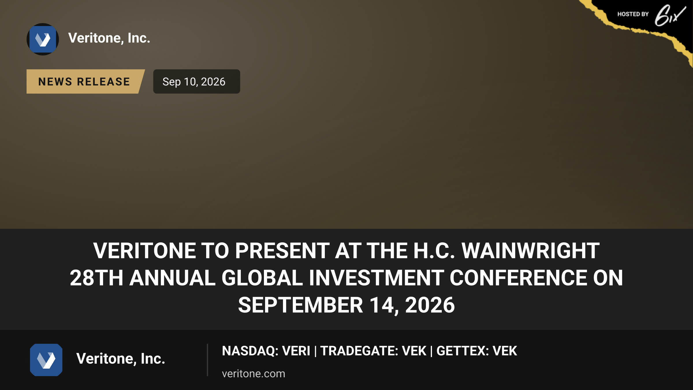 Veritone to Present at the H.C. Wainwright 28th Annual Global Investment Conference on September 14, 2026