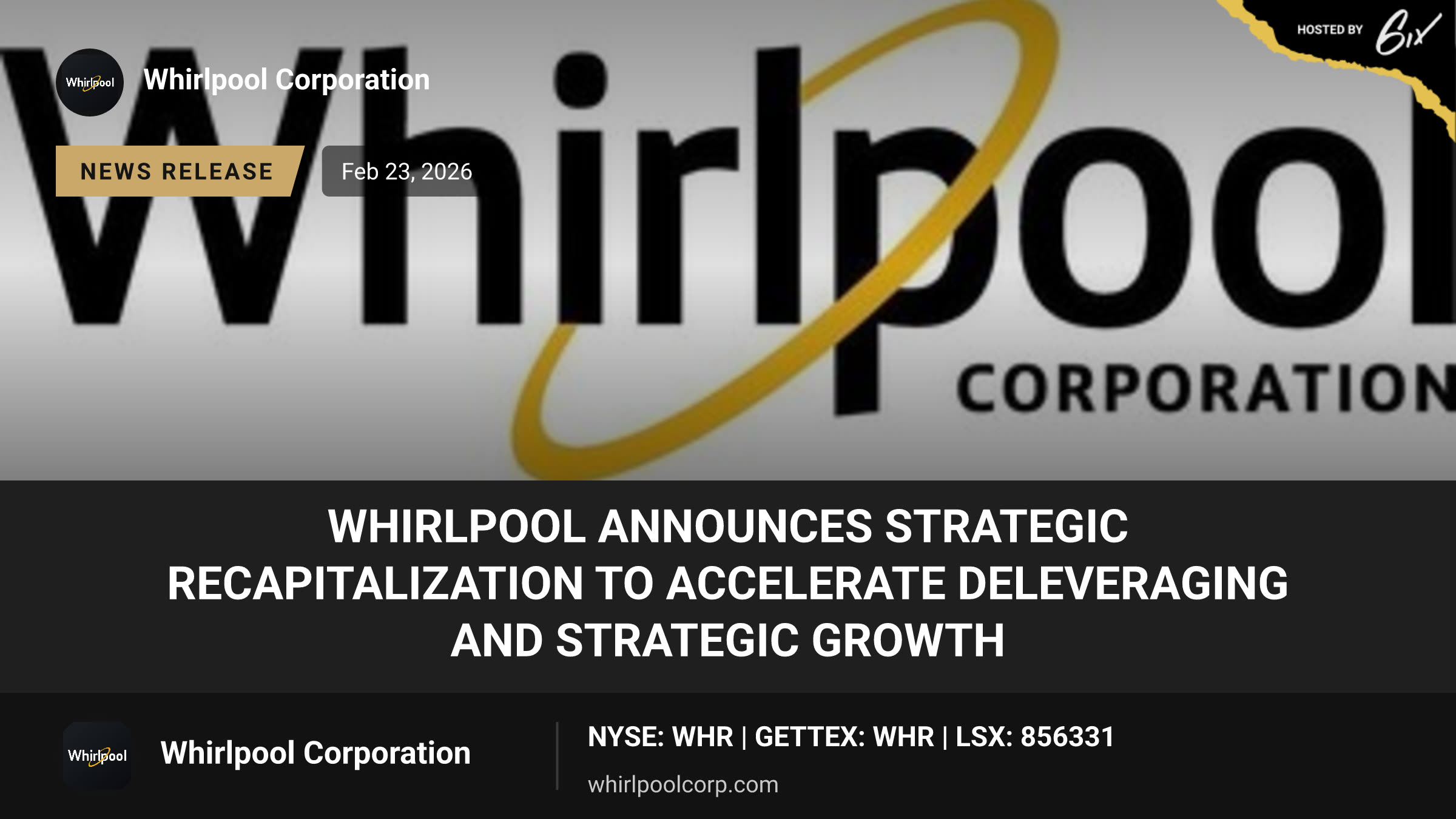 Whirlpool Announces Strategic Recapitalization to Accelerate Deleveraging and Strategic Growth