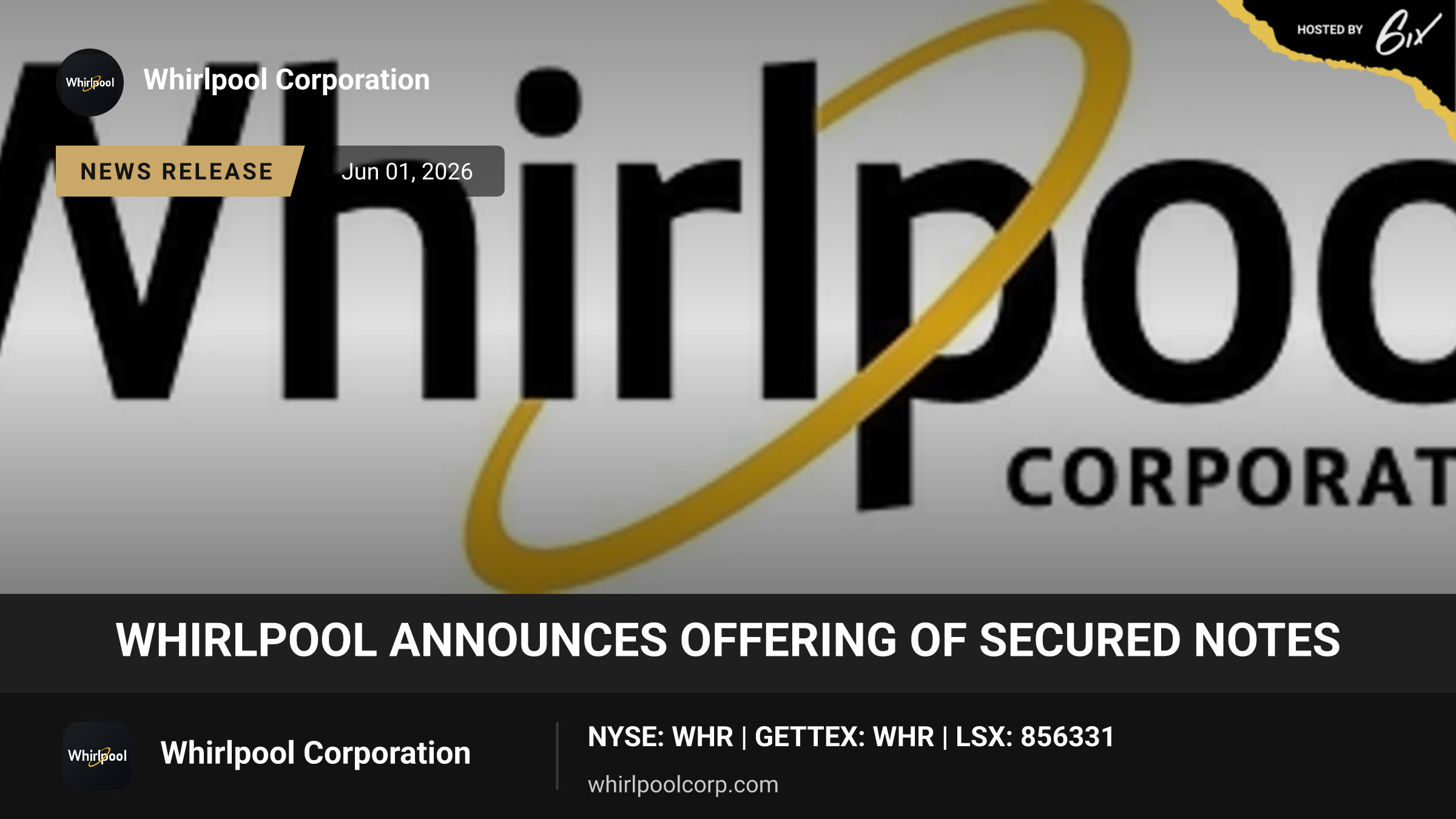 Whirlpool Announces Offering of Secured Notes