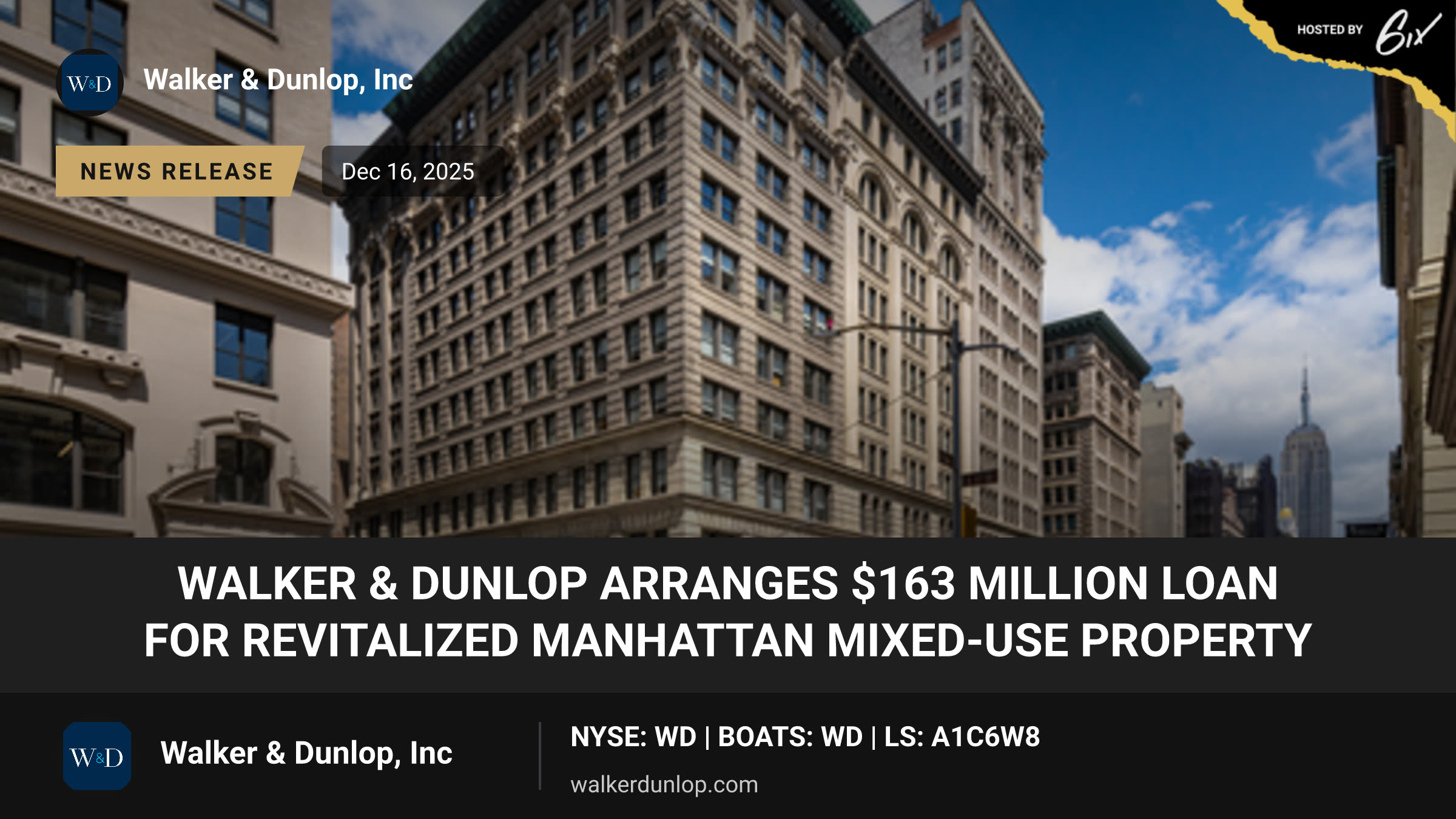 Walker & Dunlop Arranges $163 Million Loan for Revitalized Manhattan Mixed-Use Property