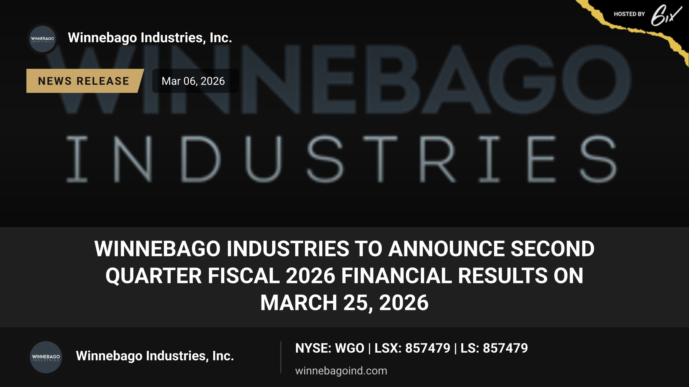 Winnebago Industries to Announce Second Quarter Fiscal 2026 Financial Results on March 25, 2026