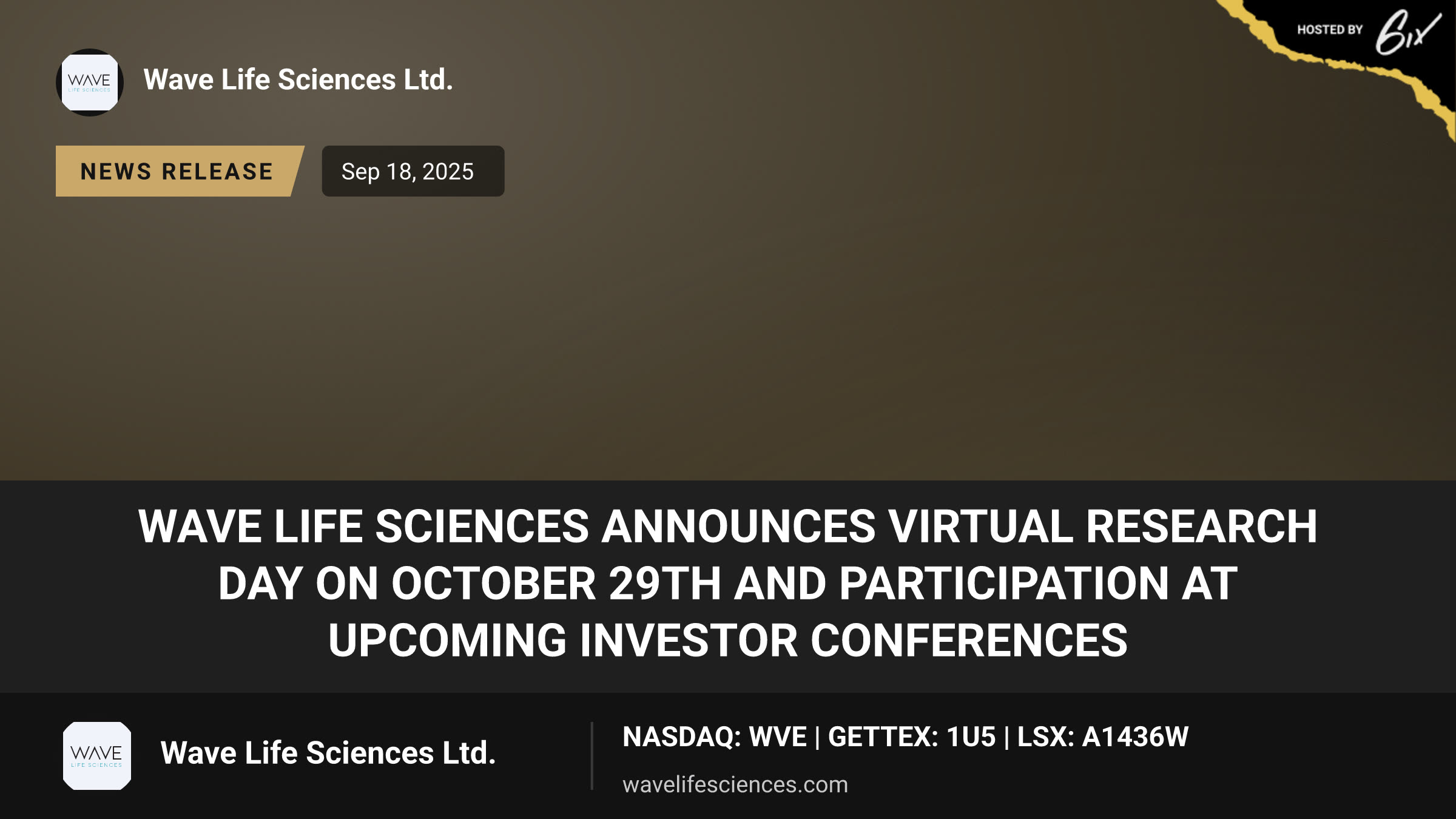 Wave Life Sciences Announces Virtual Research Day on October 29th and Participation at Upcoming Investor Conferences
