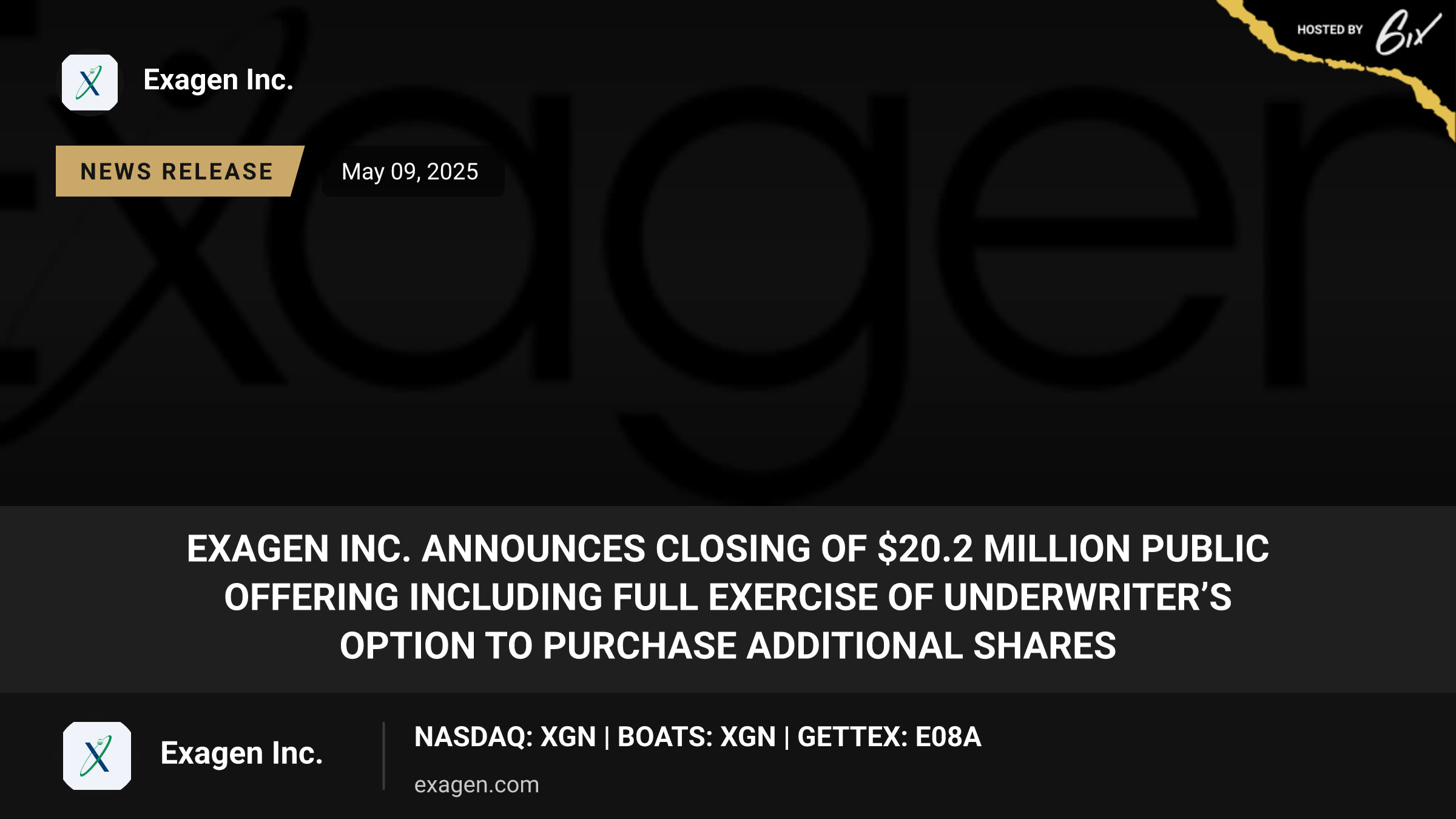 Exagen Inc. Announces Closing of $20.2 Million Public Offering Including Full Exercise of Underwriter’s Option to Purchase Additional Shares