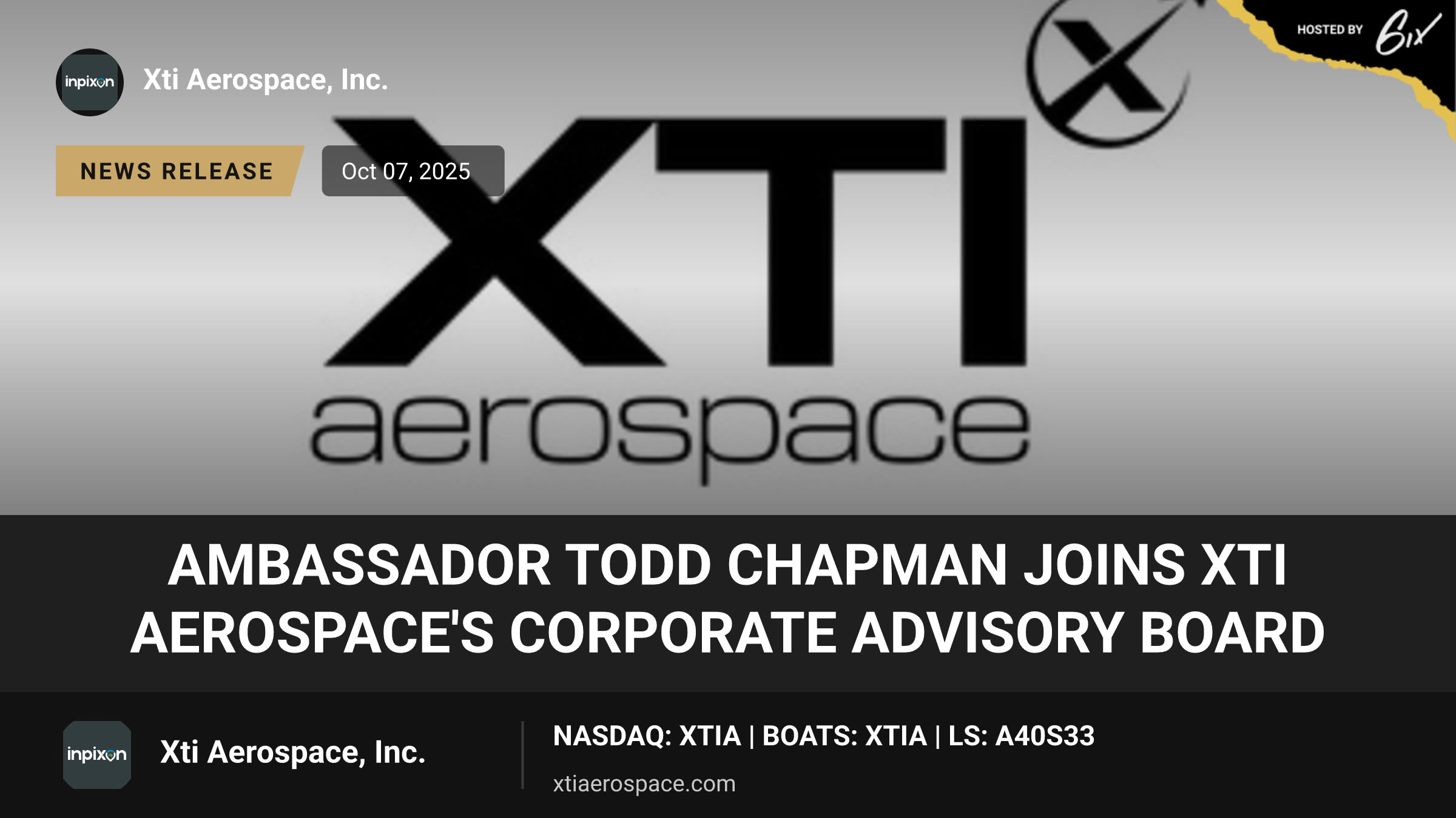 Ambassador Todd Chapman Joins XTI Aerospace's Corporate Advisory Board