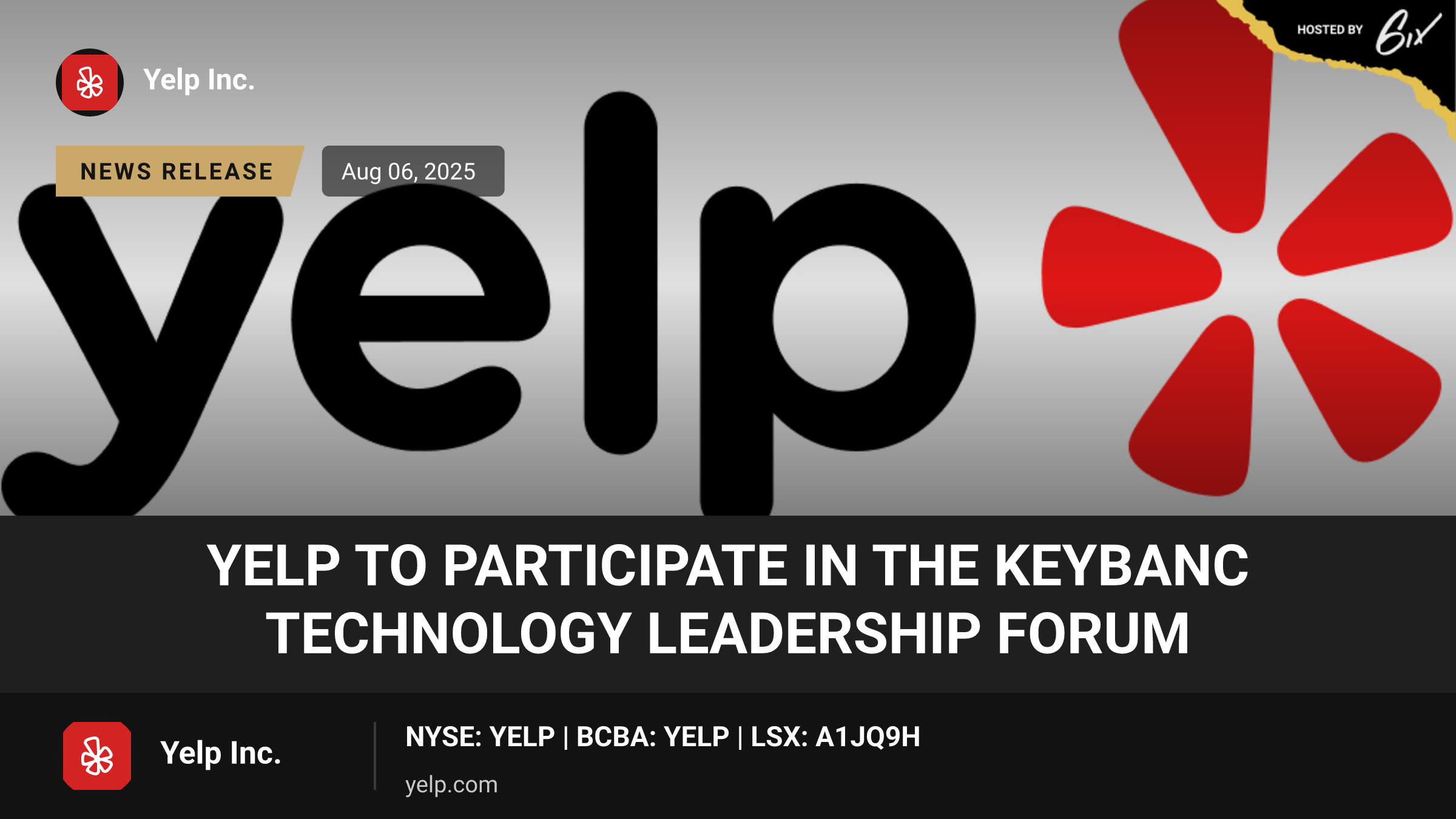 Yelp to Participate in the KeyBanc Technology Leadership Forum
