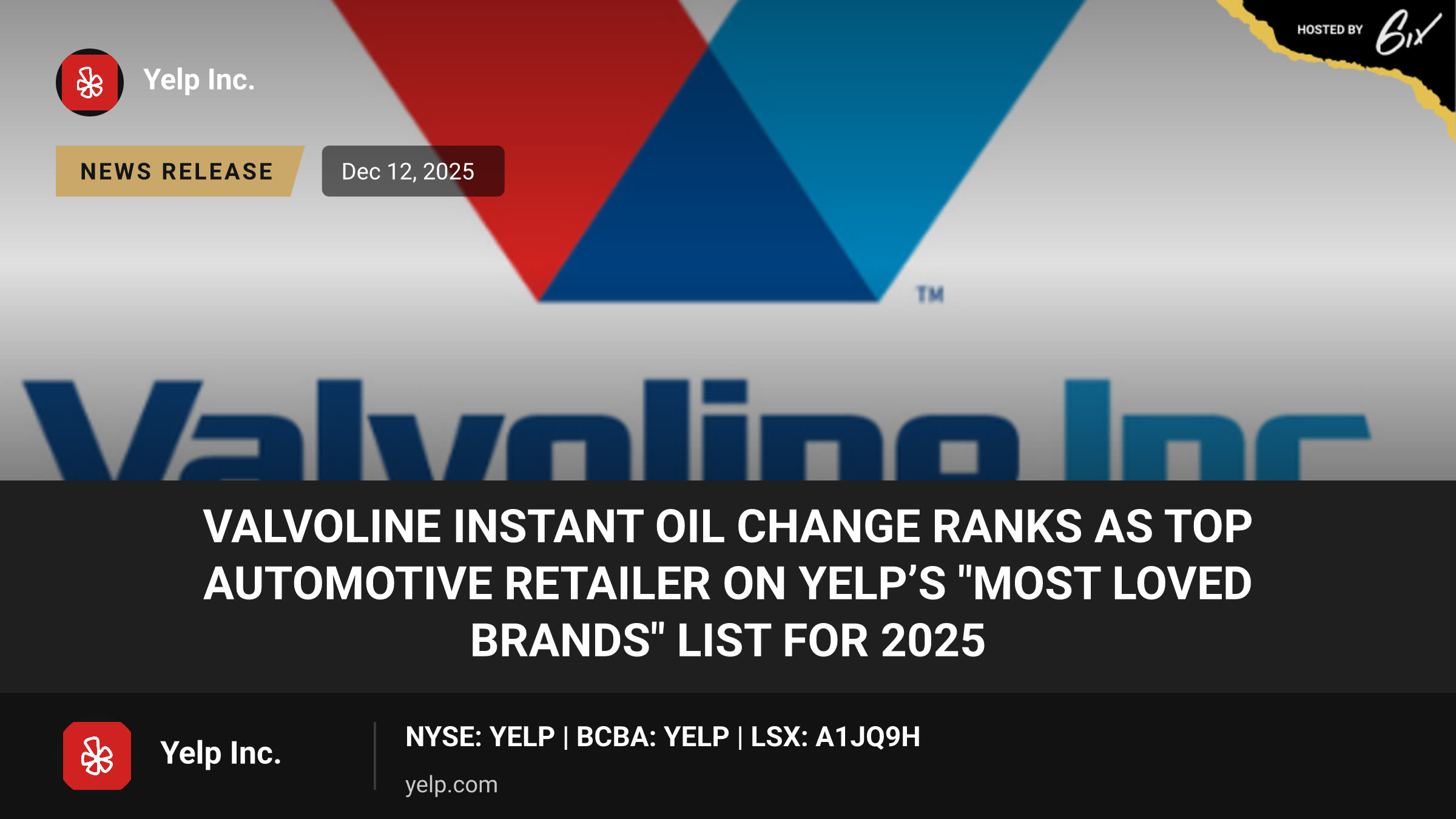 Valvoline Instant Oil Change Ranks as Top Automotive Retailer on Yelp’s "Most Loved Brands" List for 2025
