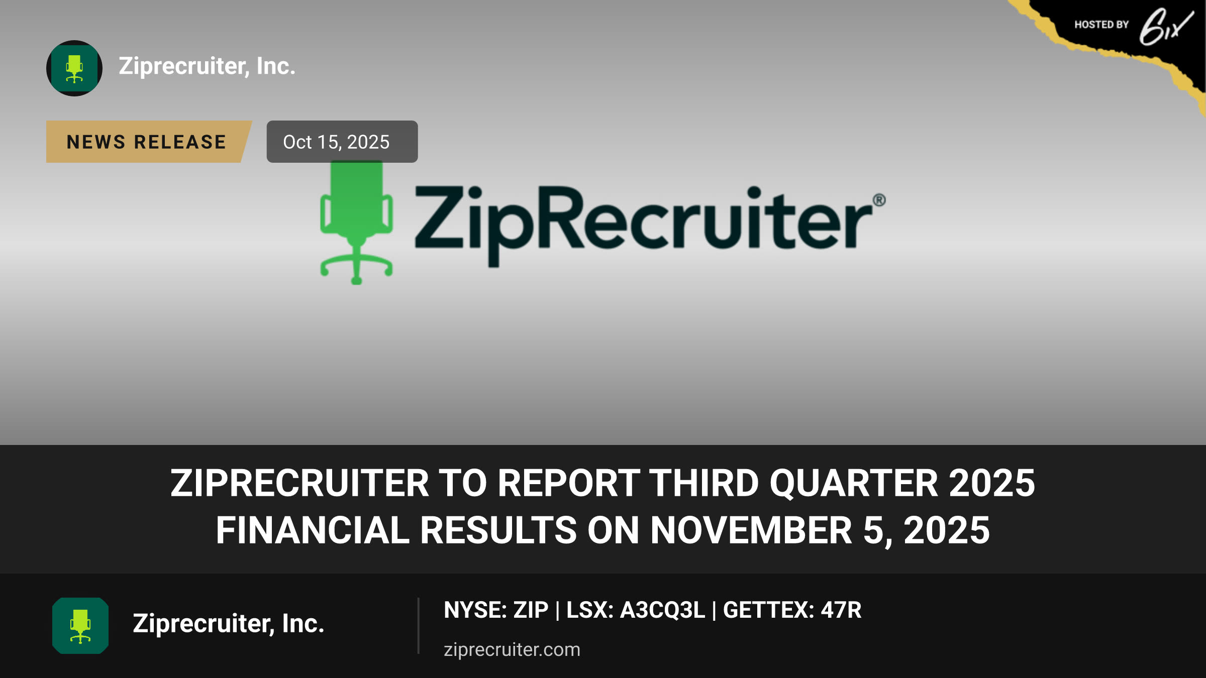 ZipRecruiter to Report Third Quarter 2025 Financial Results on November 5, 2025